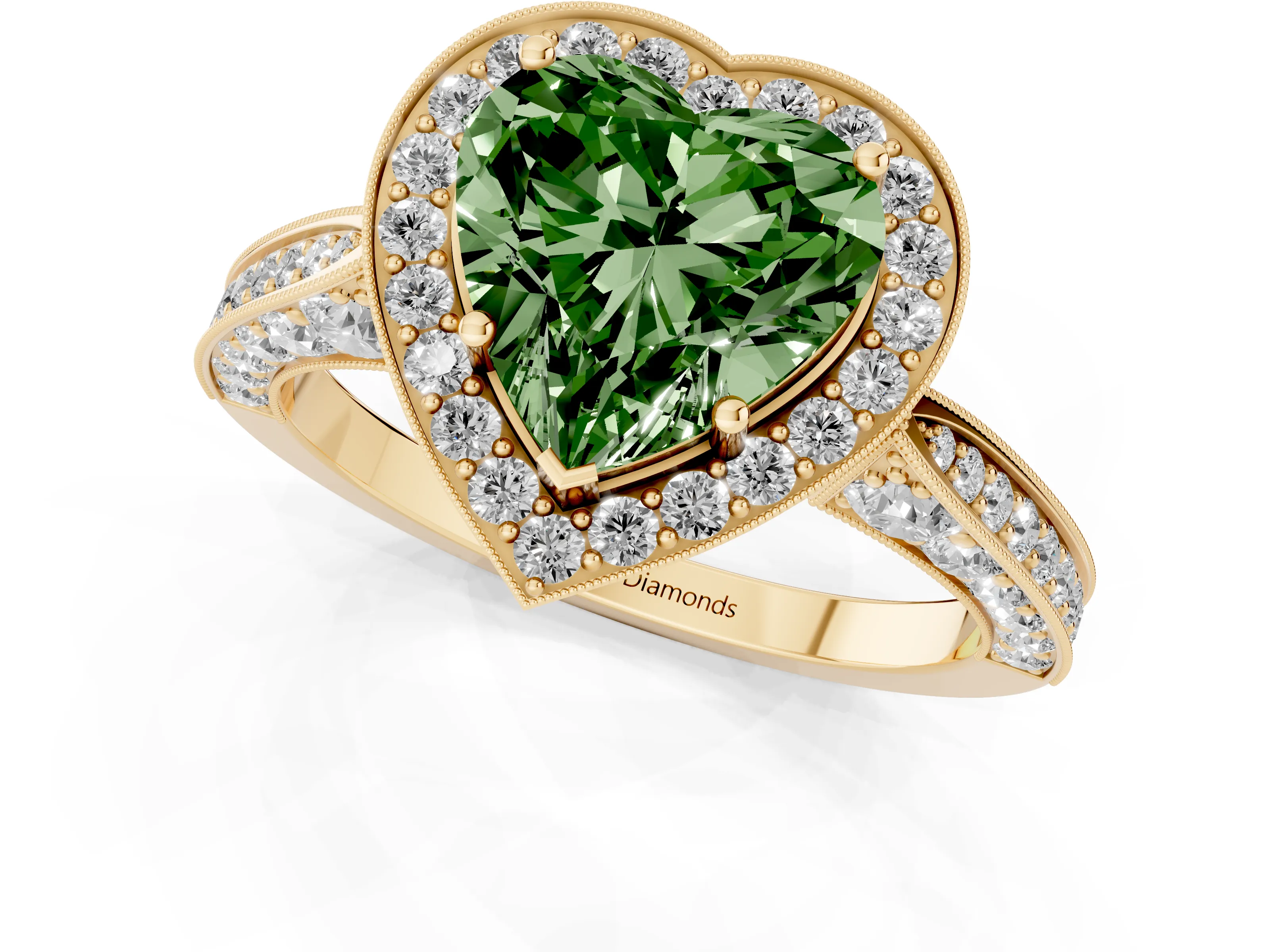 Fancy Green Heart Cut Diamond Halo Engagement Ring Set in Yellow gold with Accent Split Shank Band