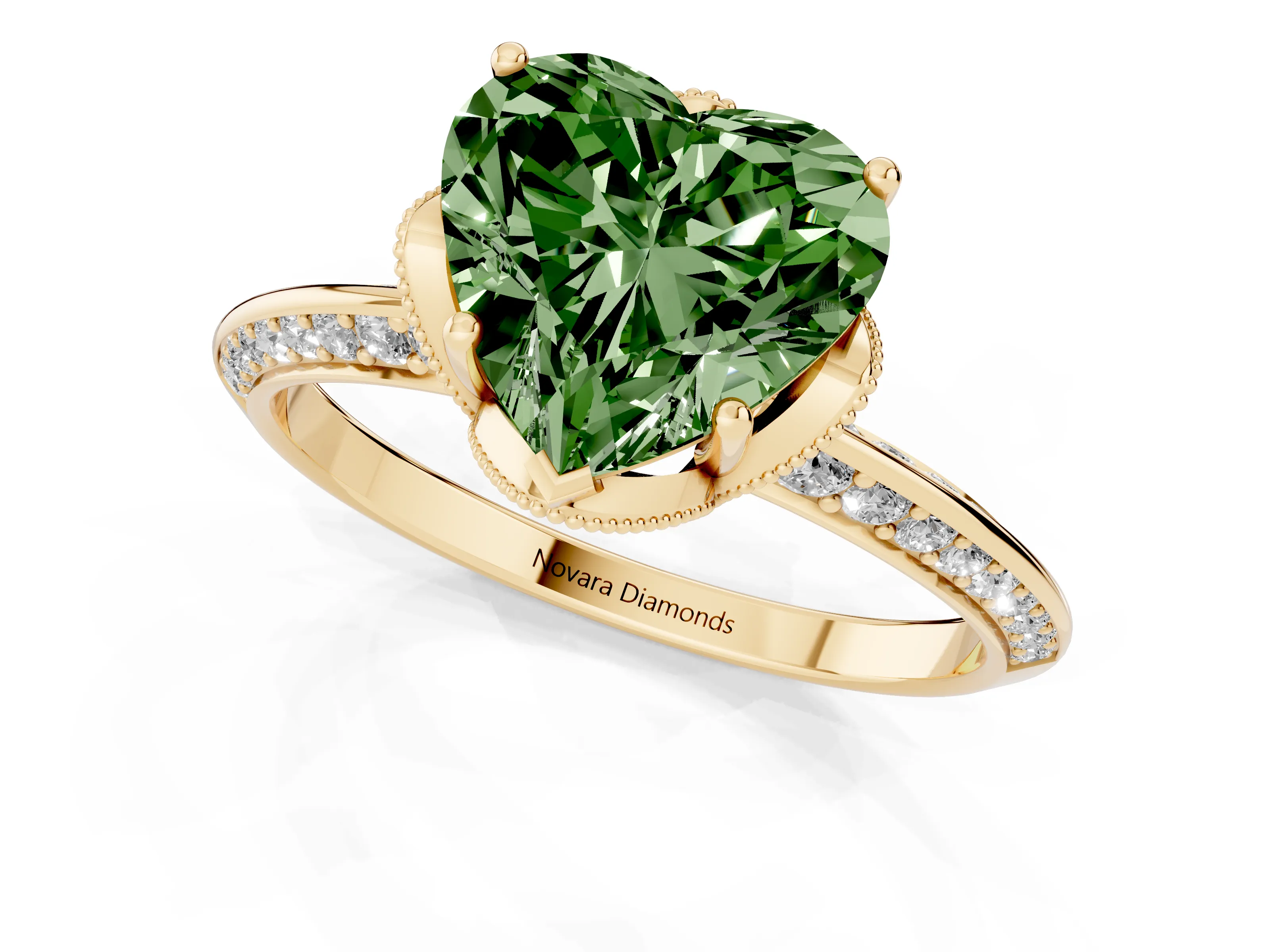 Fancy Green Heart Cut Diamond Solitaire Engagement Ring Set in Yellow gold with Pavé Split Shank and Prong Setting