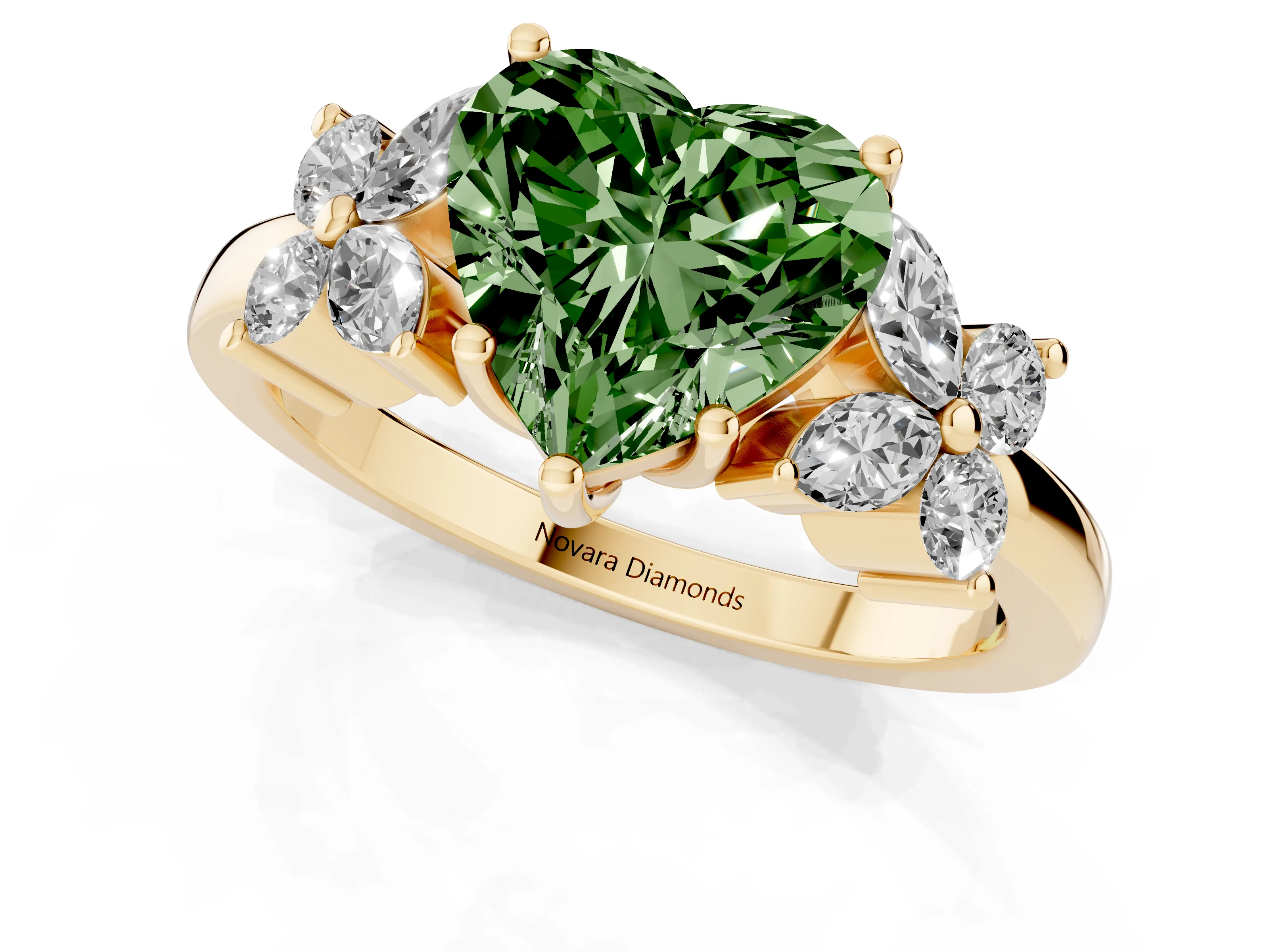 Fancy Green Heart Cut Diamond Floral Cluster Ring Set in Yellow gold with Marquise Petals and Prong Setting