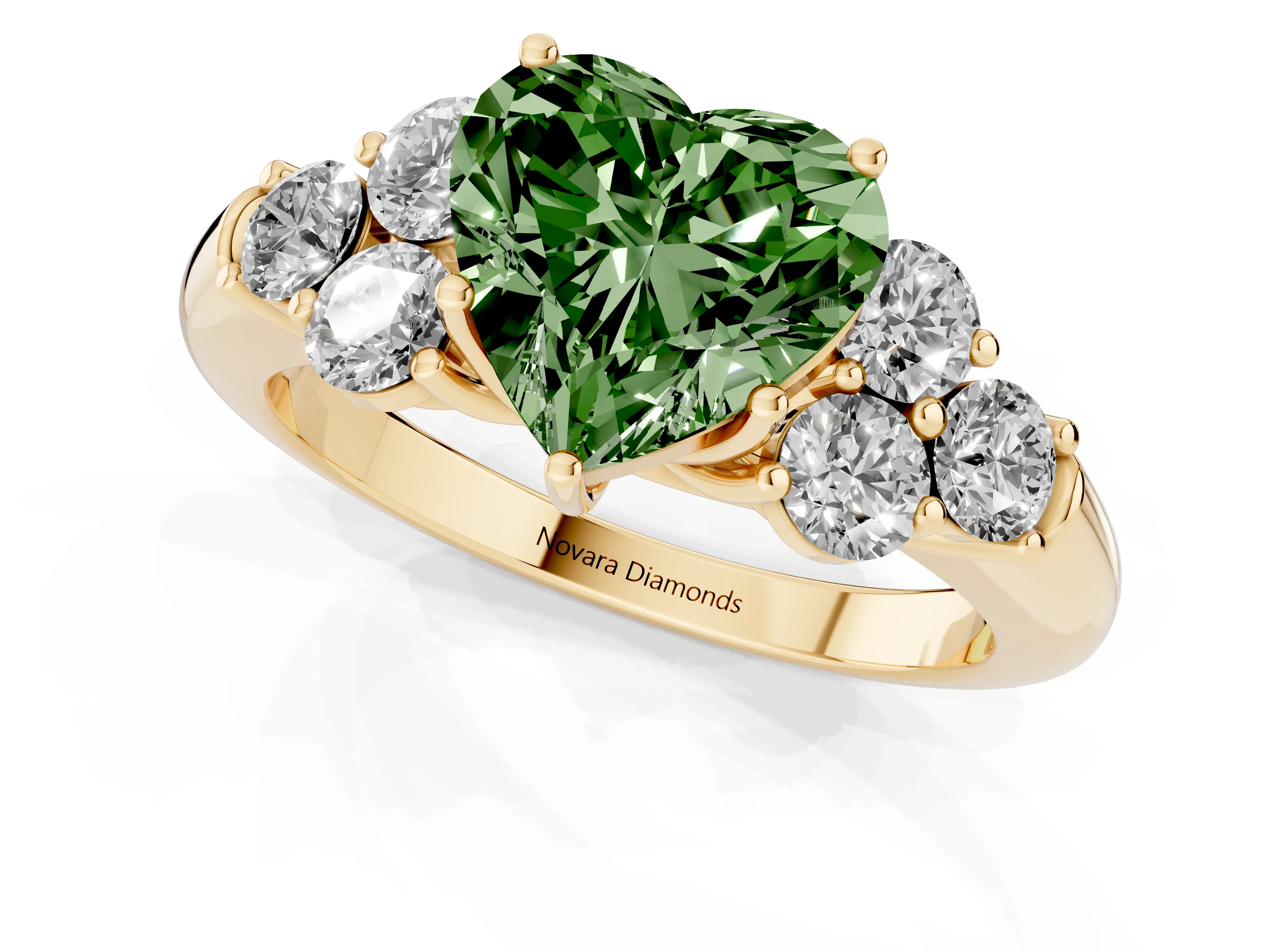 Fancy Green Heart Cut Diamond Cluster Ring Set in Yellow gold with Round Accent Stones and Prong Setting on a Plain Band