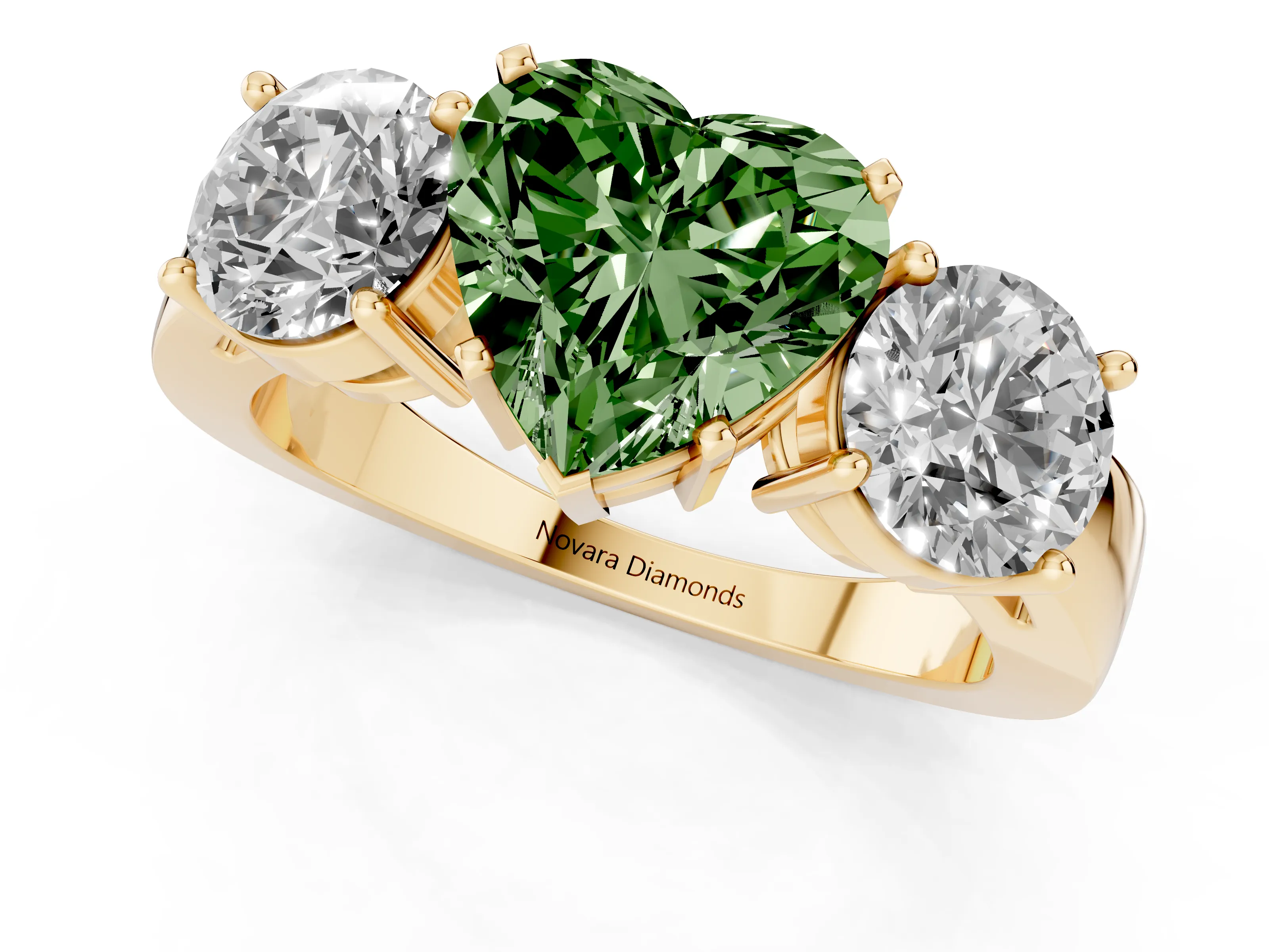 Fancy Green Heart Cut Diamond Three-Stone Ring Set in Yellow gold with Round Side Stones and Classic Band