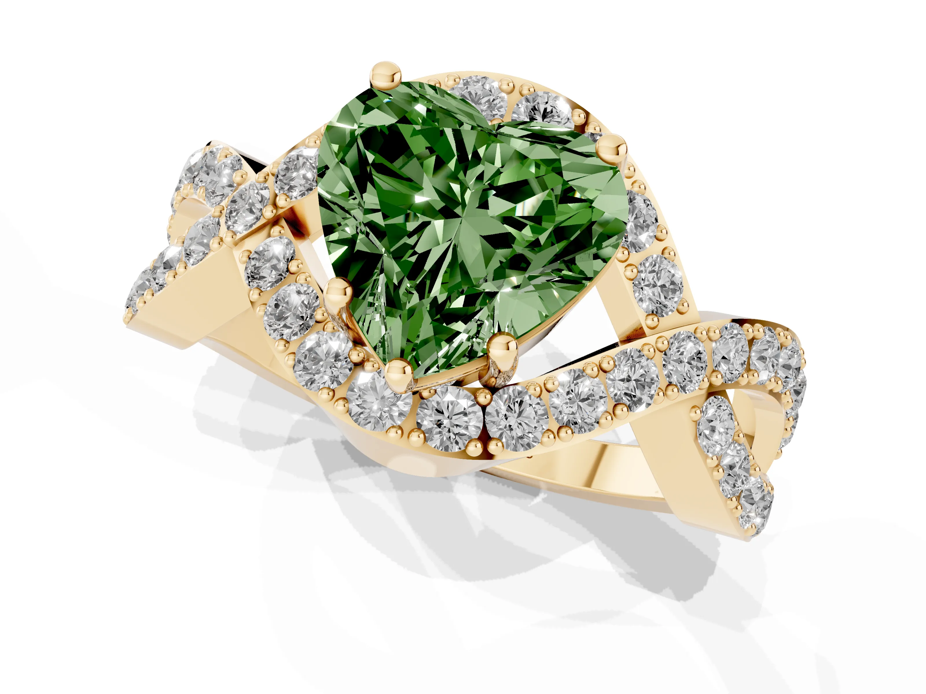 Fancy Green Heart Cut Diamond Solitaire Twist Band Pavé Engagement Ring Set in Yellow gold