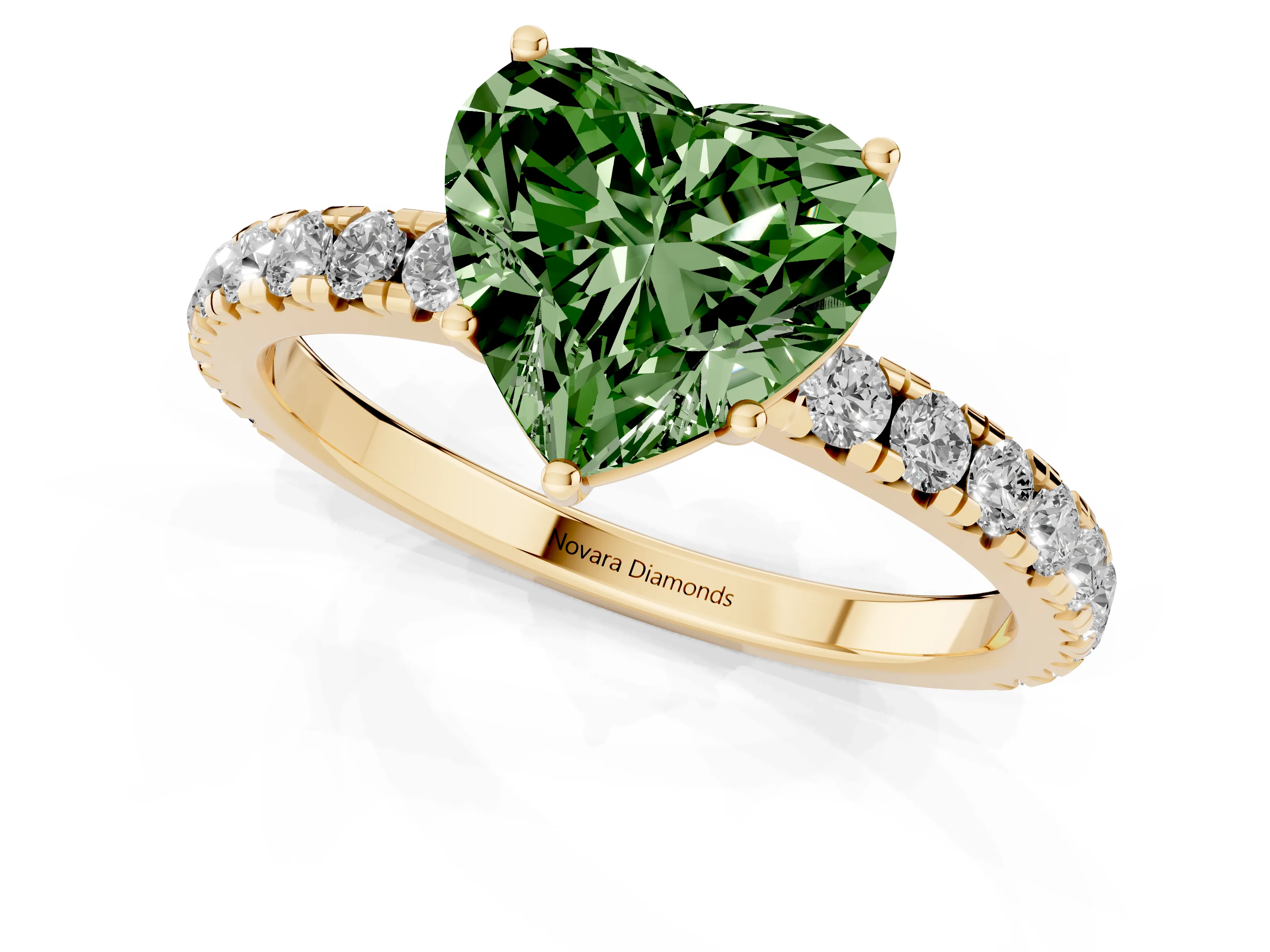 Fancy Green Heart Cut Diamond Pavé Solitaire Engagement Ring Set in Yellow gold with Prong Setting