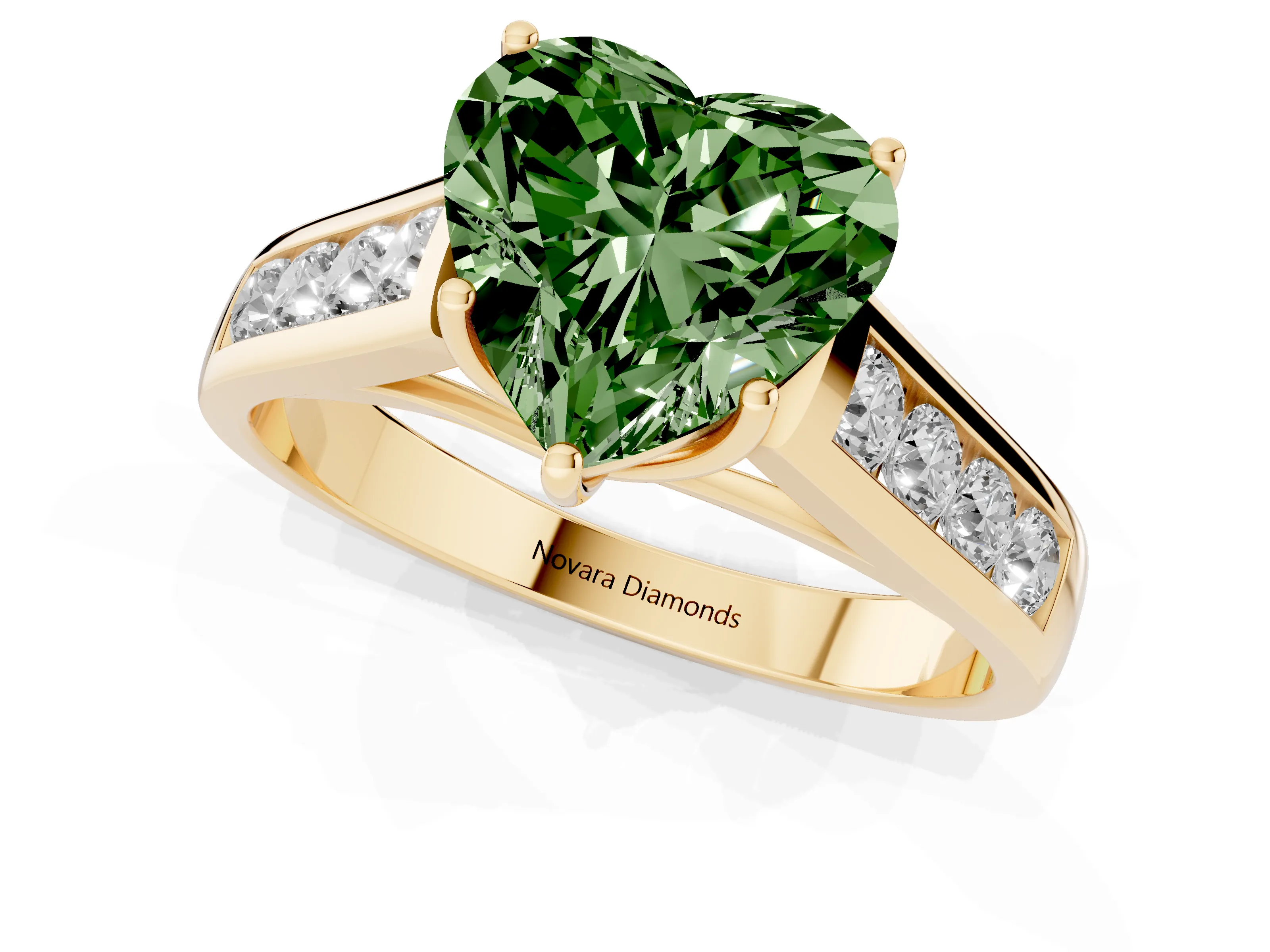 Fancy Green Heart Cut Diamond Solitaire Channel-Set Engagement Ring Set in Yellow gold with Prong Setting