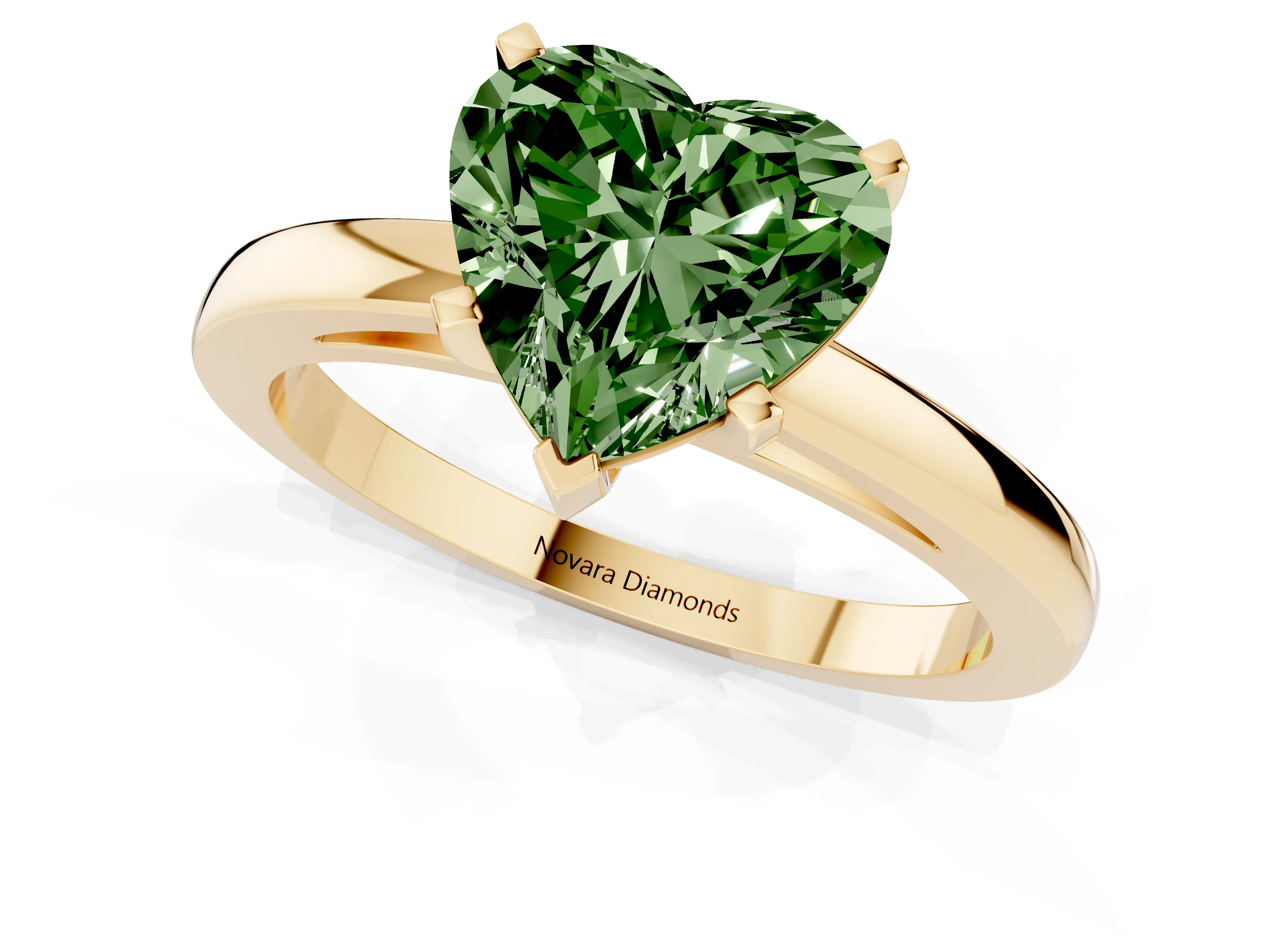 Fancy Green Heart Cut Diamond Solitaire Engagement Ring Set in Yellow gold with Prong Setting on a Classic Band