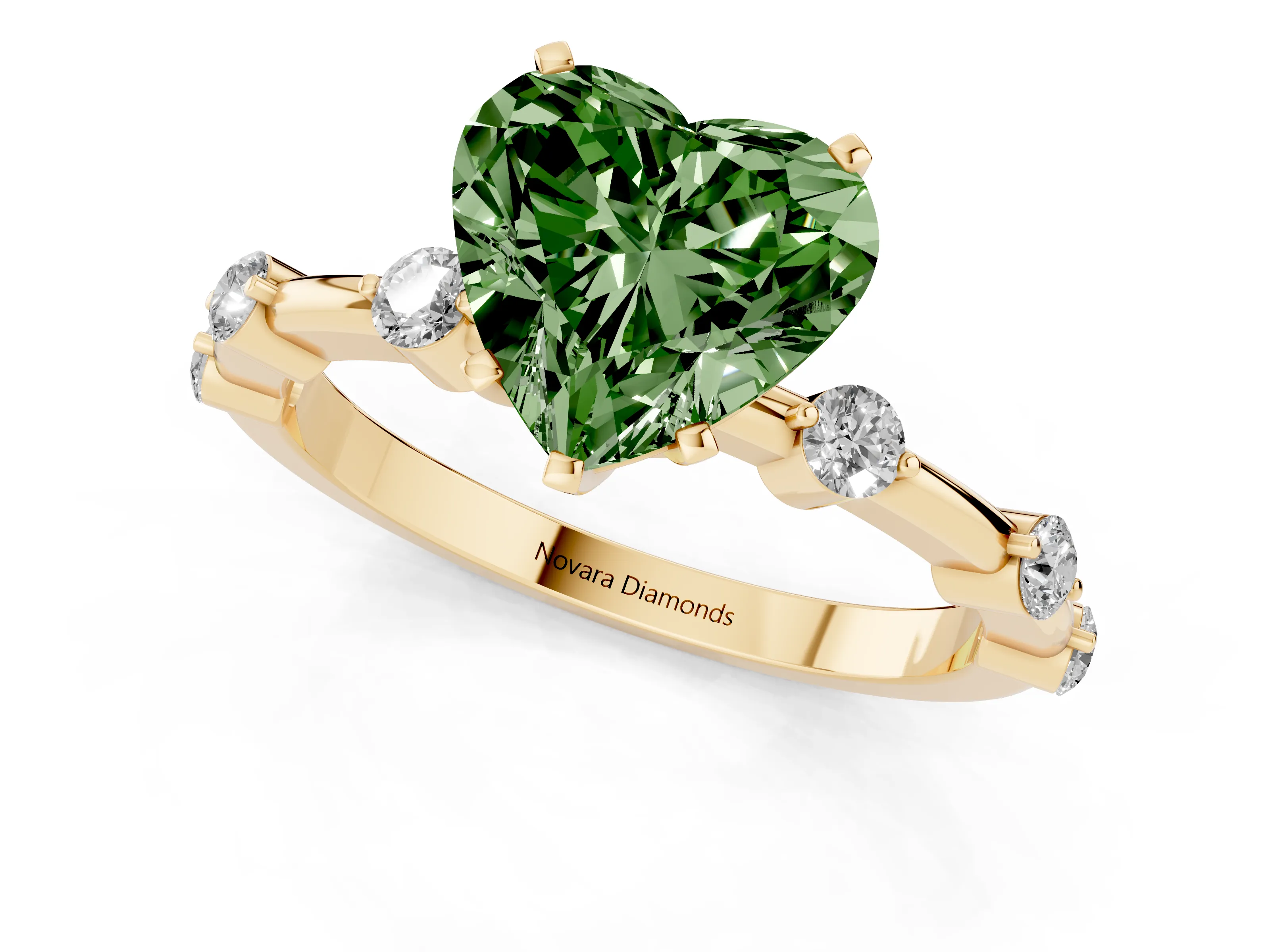 Fancy Green Heart Cut Diamond Solitaire Ring Set in Yellow gold with Bezel Set Side Stones and Prong Setting