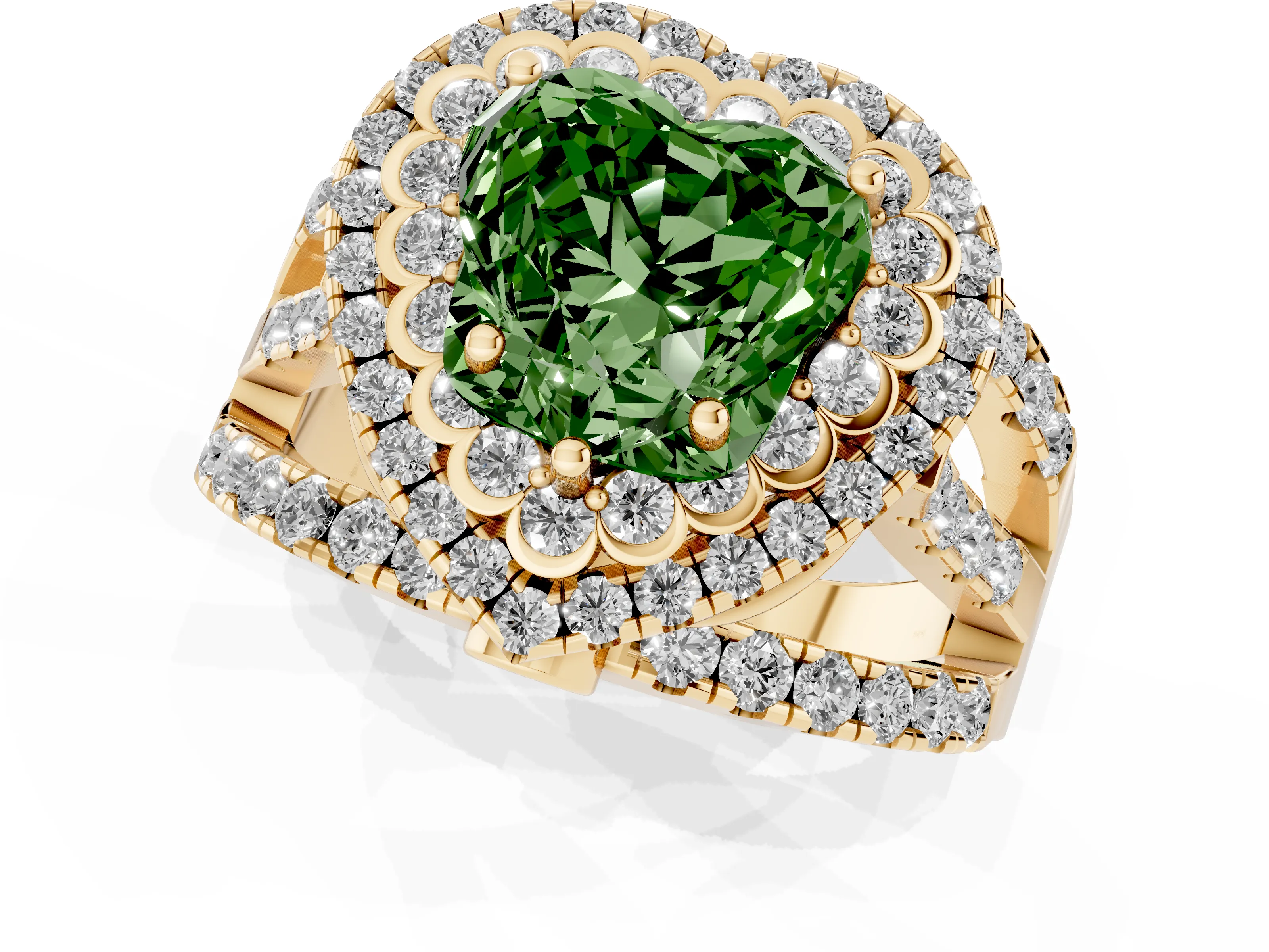 Fancy Green Heart Cut Diamond Double Halo Ring Set in Yellow gold with Round Pavé Split Shank