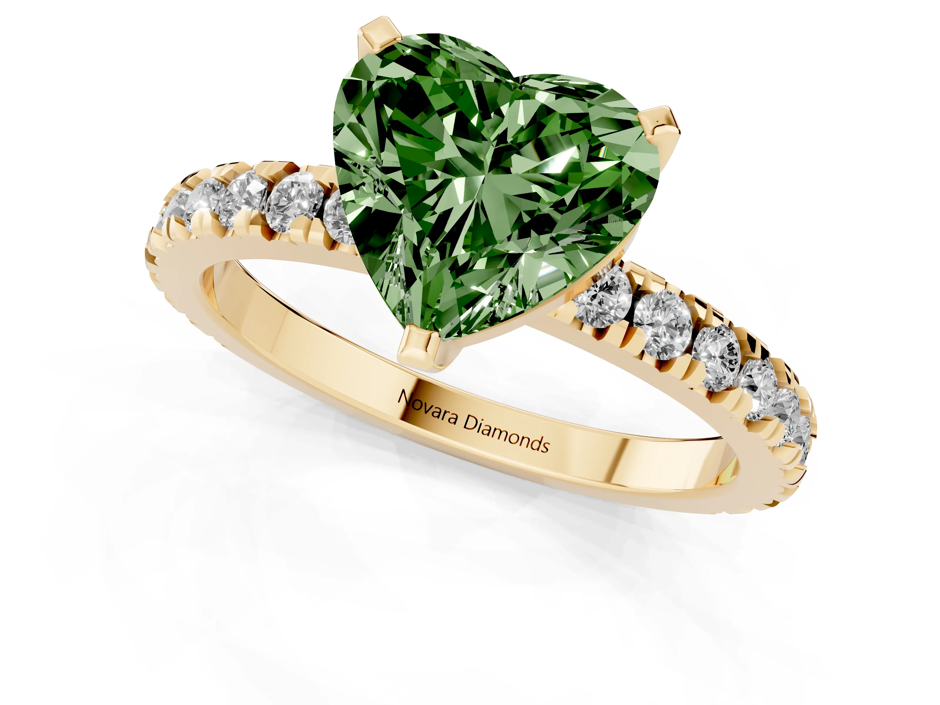 Fancy Green Heart Cut Diamond Pavé Band Solitaire Set in Yellow gold with Prong Setting