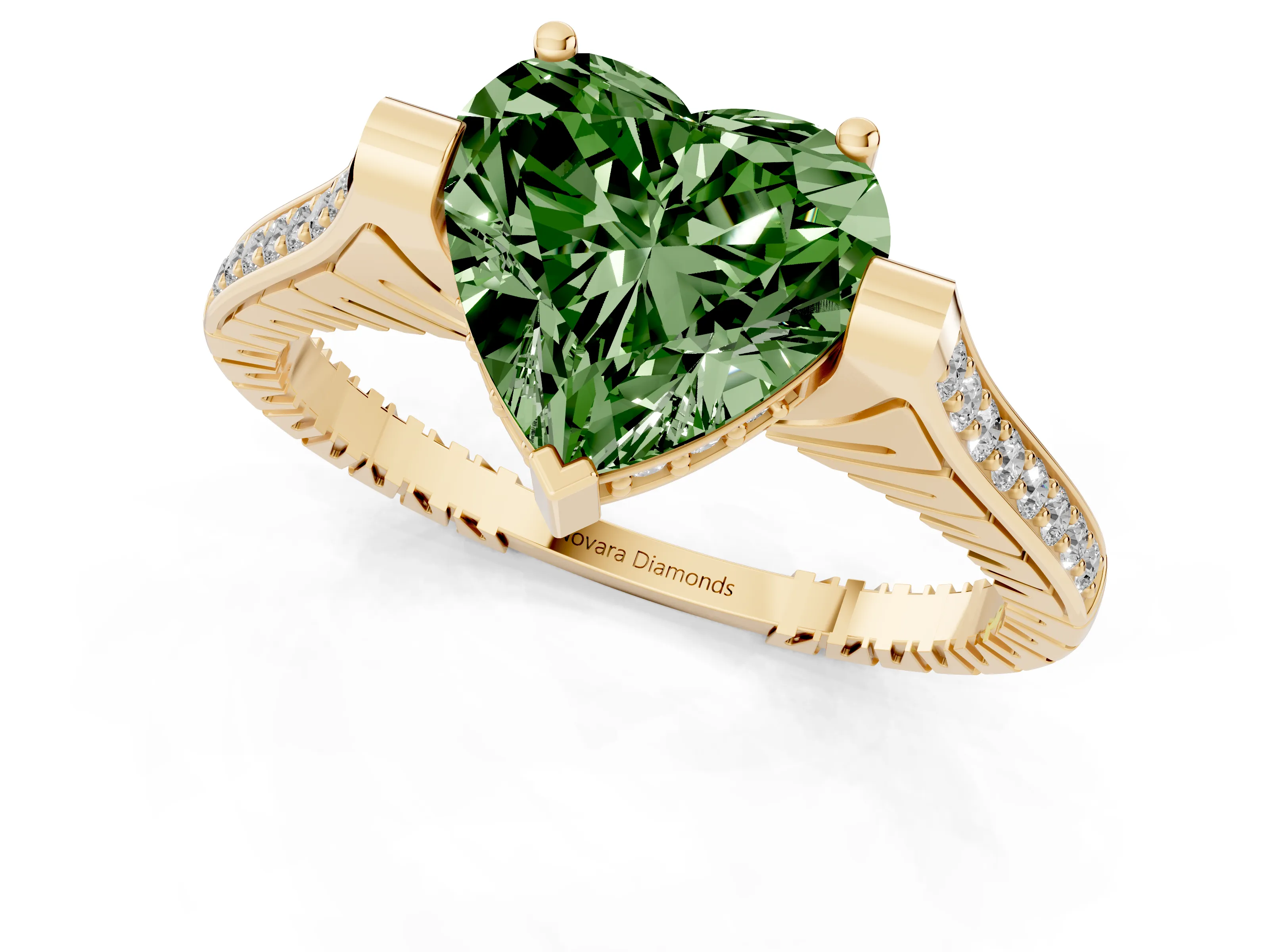 Fancy Green Heart Cut Diamond Solitaire Ring Set in Yellow gold with Channel Set Band and Bezel Prong Setting