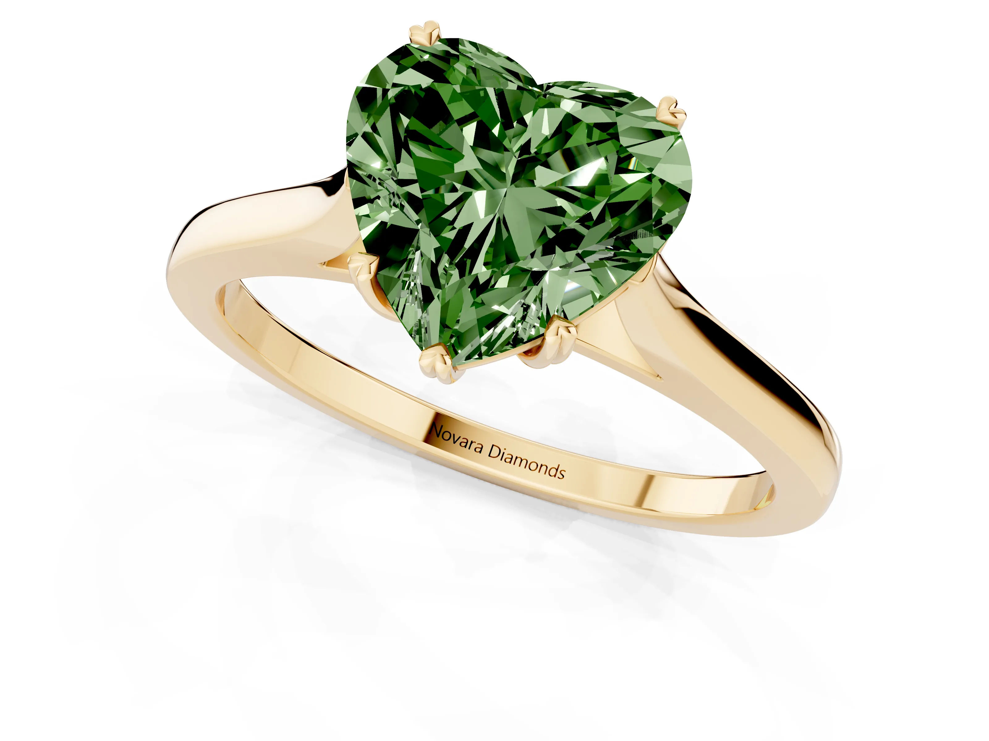 Fancy Green Heart Cut Diamond Solitaire Heart Prong Engagement Ring Set in Yellow gold with Tapered Band