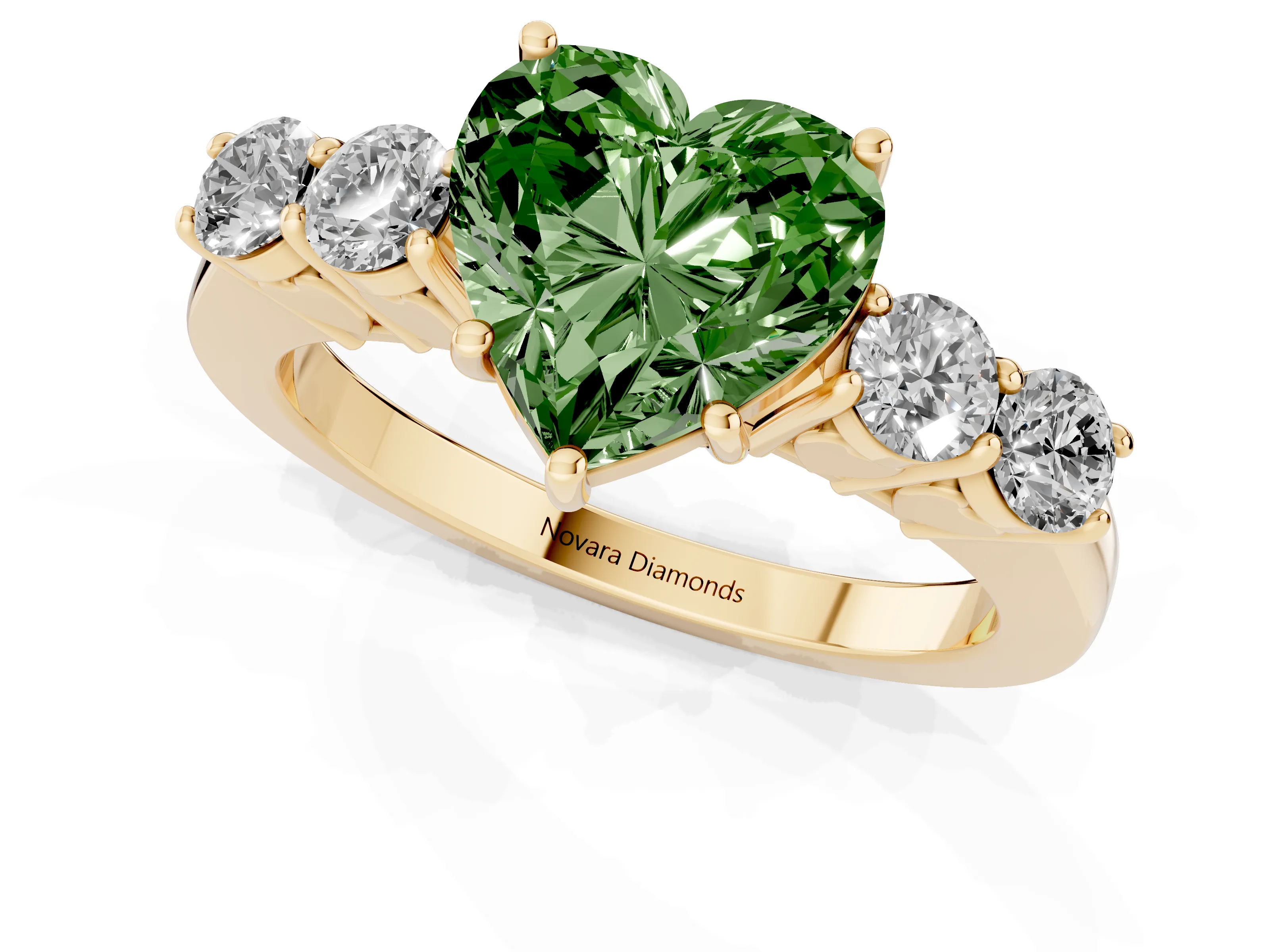 Fancy Green Heart Cut Diamond Five-Stone Prong Set Band Ring Set in Yellow gold with Polished Band