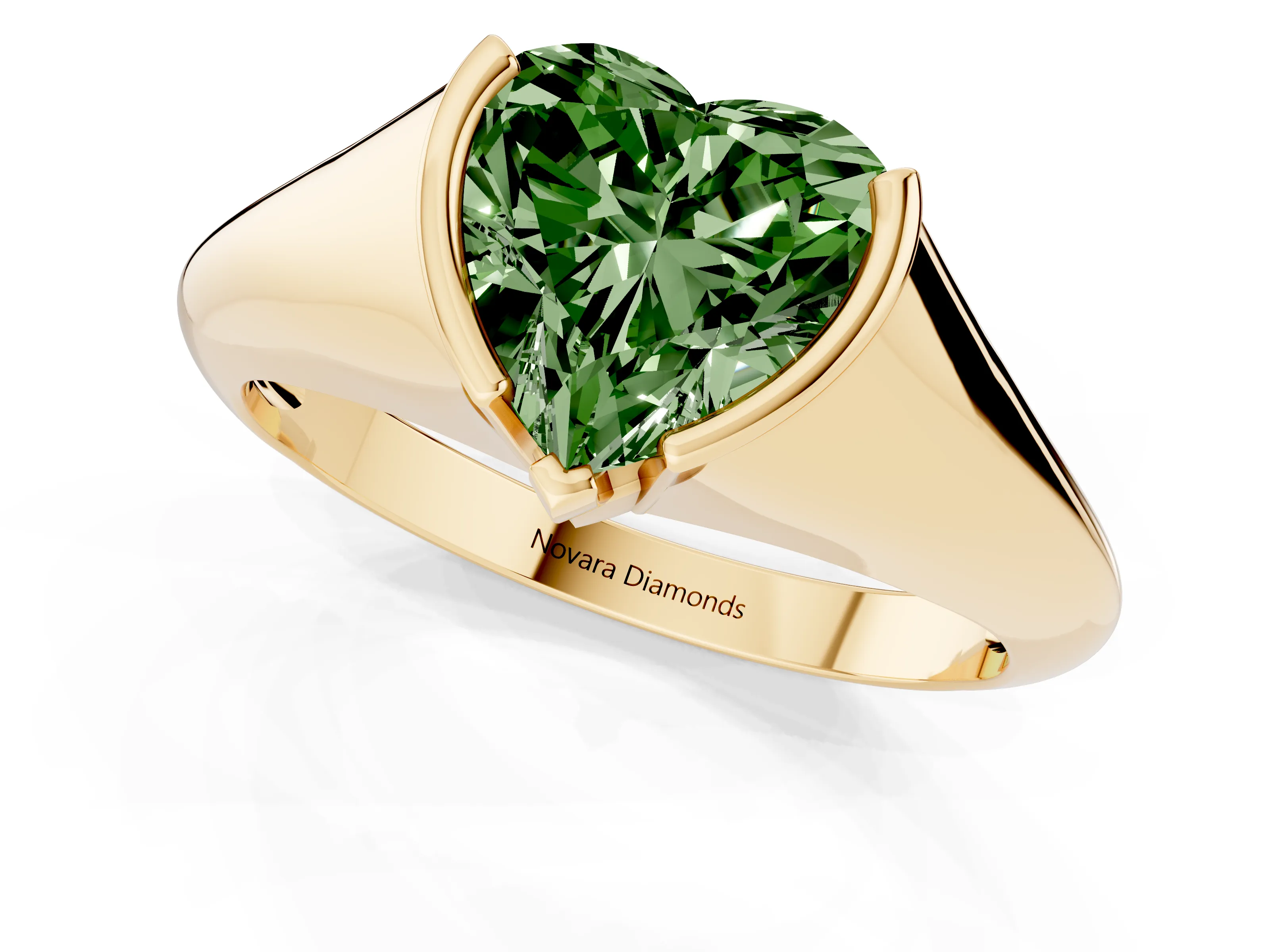 Fancy Green Heart Cut Diamond Solitaire Tension Set Ring Set in Yellow gold