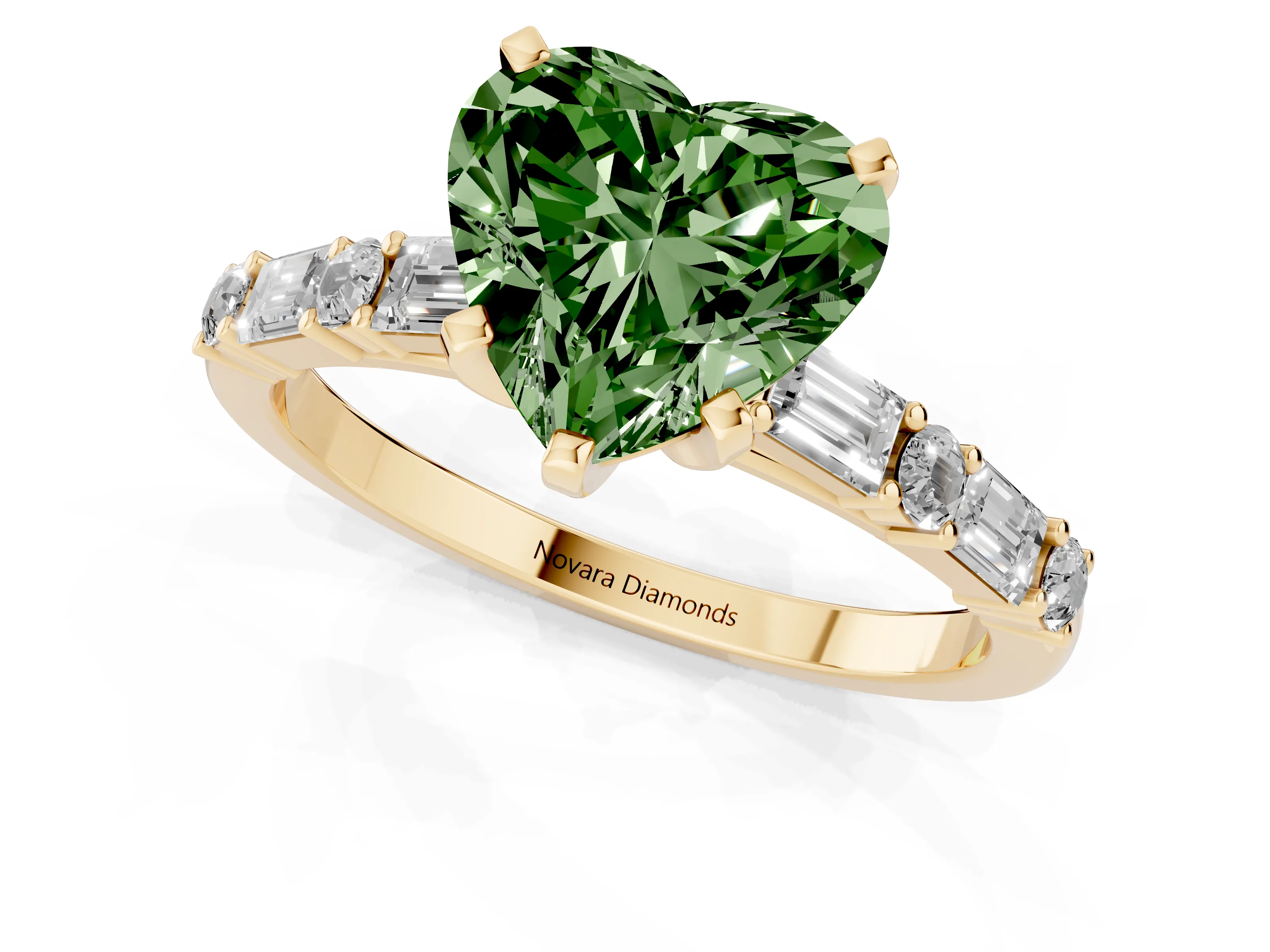 Fancy Green Heart Cut Diamond Solitaire Set in Yellow gold with Side Baguettes and Channel Set Band