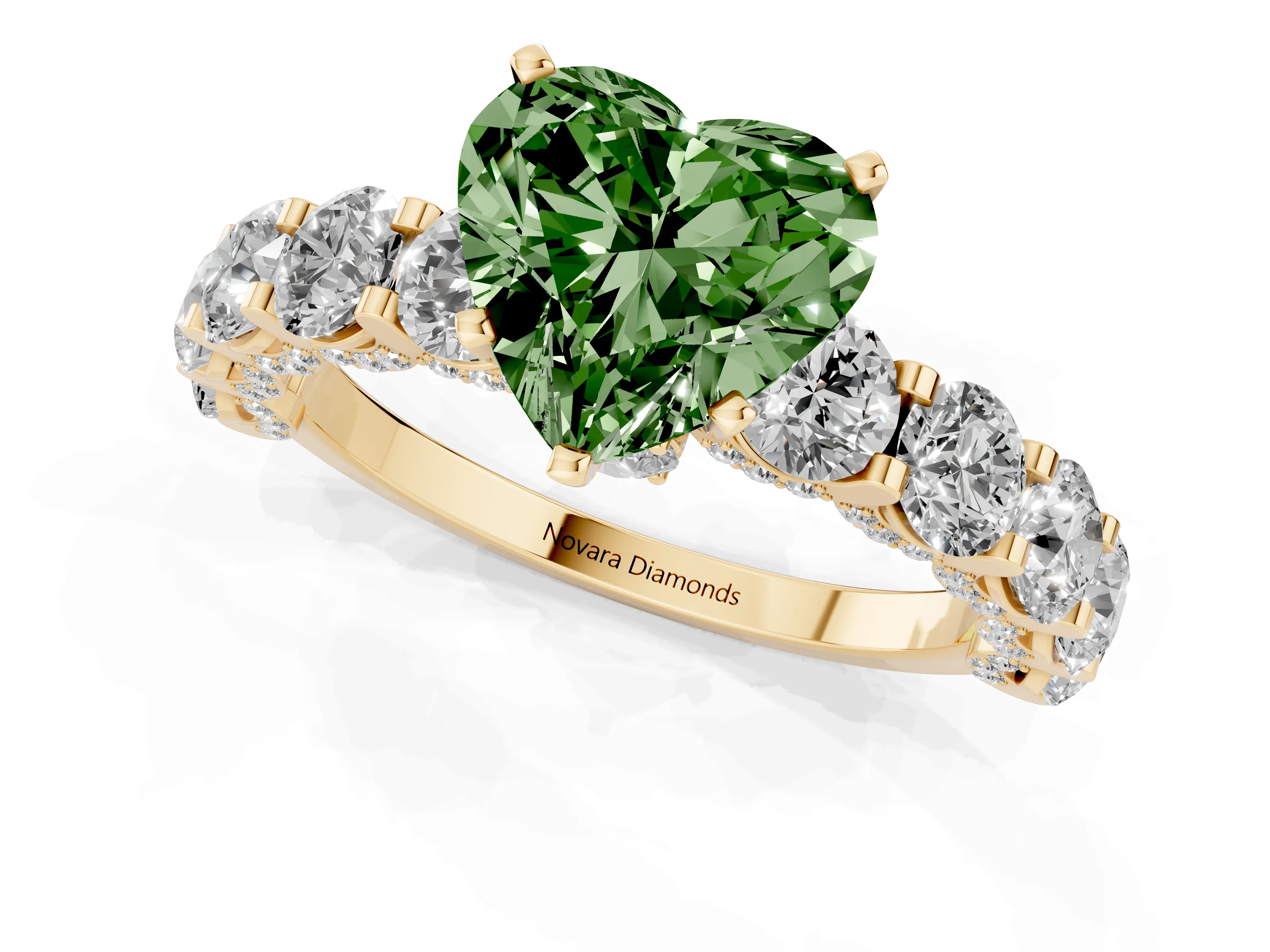 Fancy Green Heart Cut Diamond Side Stone Ring Set in Yellow gold with Alternating Round and Oval Side Stones – second view
