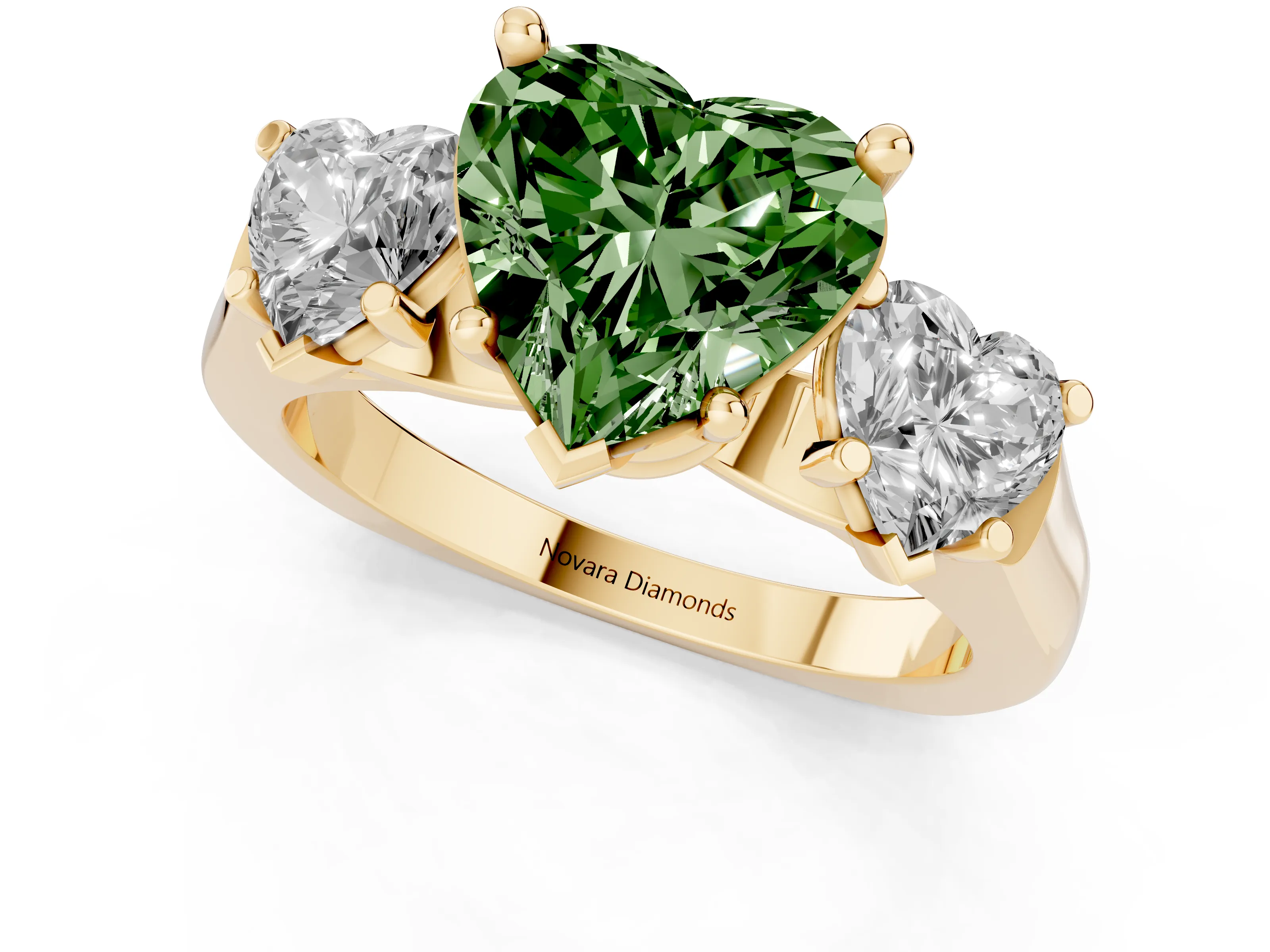Fancy Green Heart Cut Diamond Three-Stone Trellis Ring Set in Yellow gold with Comfort Fit Band