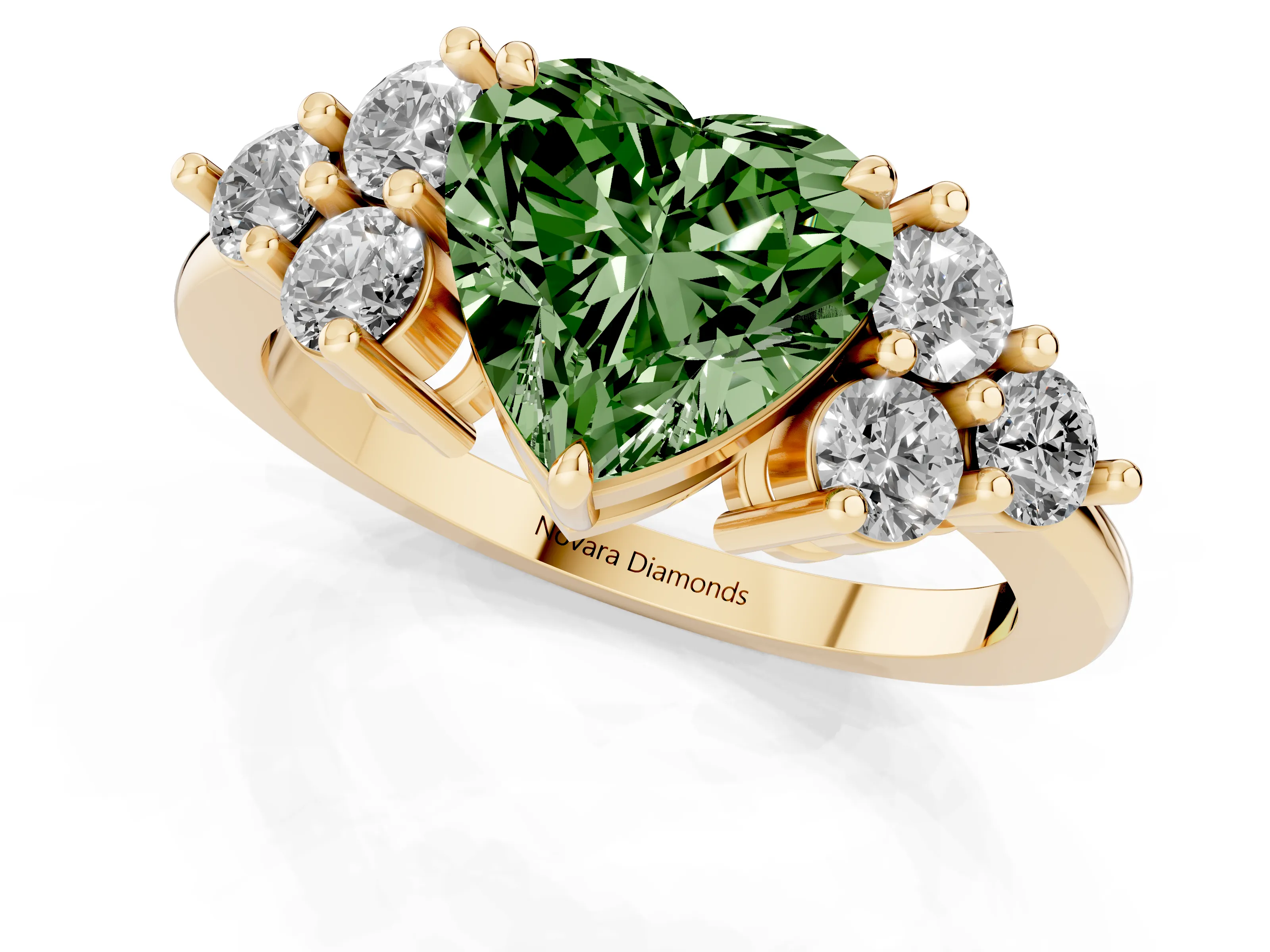 Fancy Green Heart Cut Diamond Solitaire Ring Set in Yellow gold with Cluster Accents on Each Side