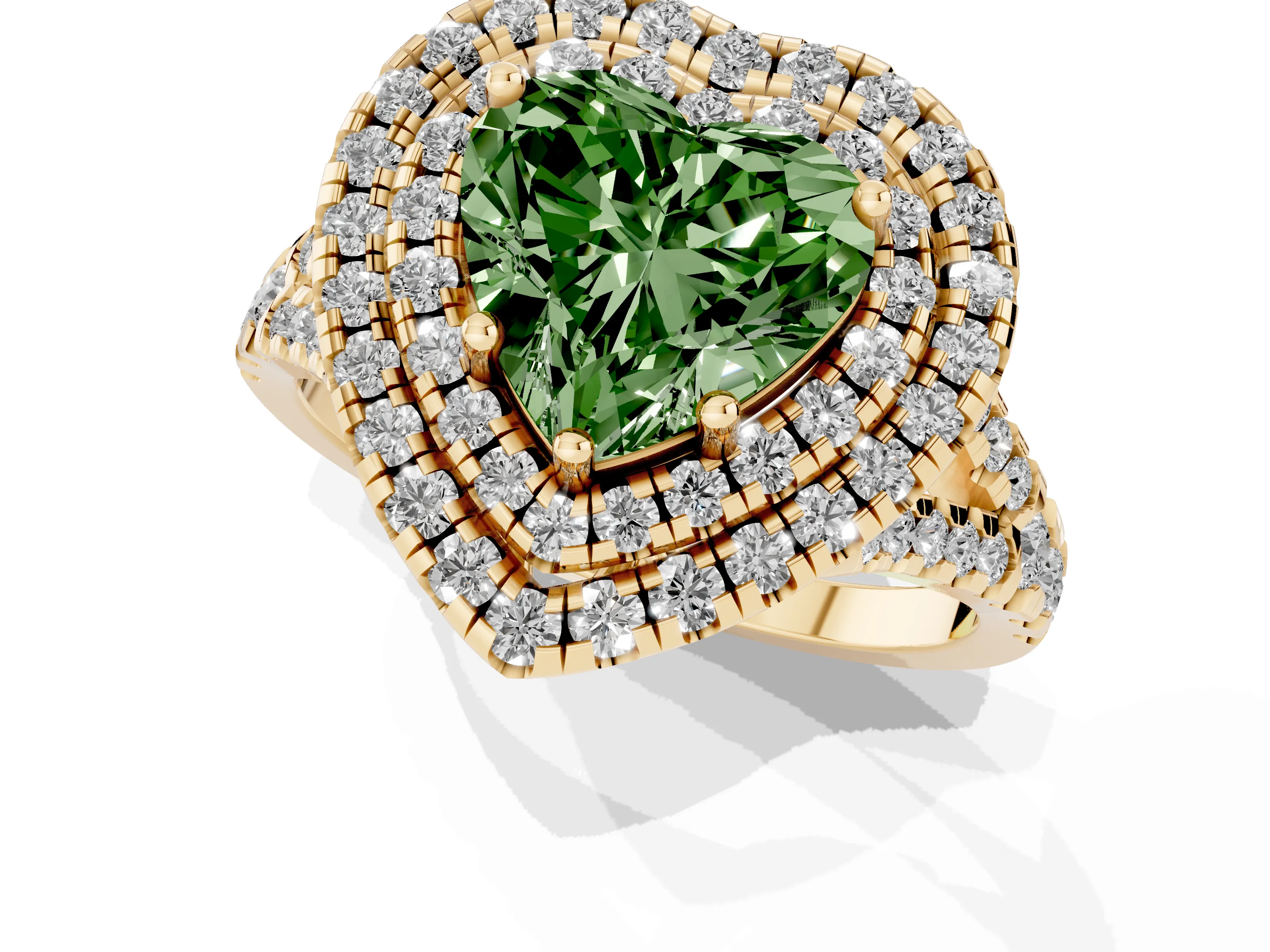 Fancy Green Heart Cut Diamond Double Halo Ring Set in Yellow gold with Pavé Split Shank and Prong Setting