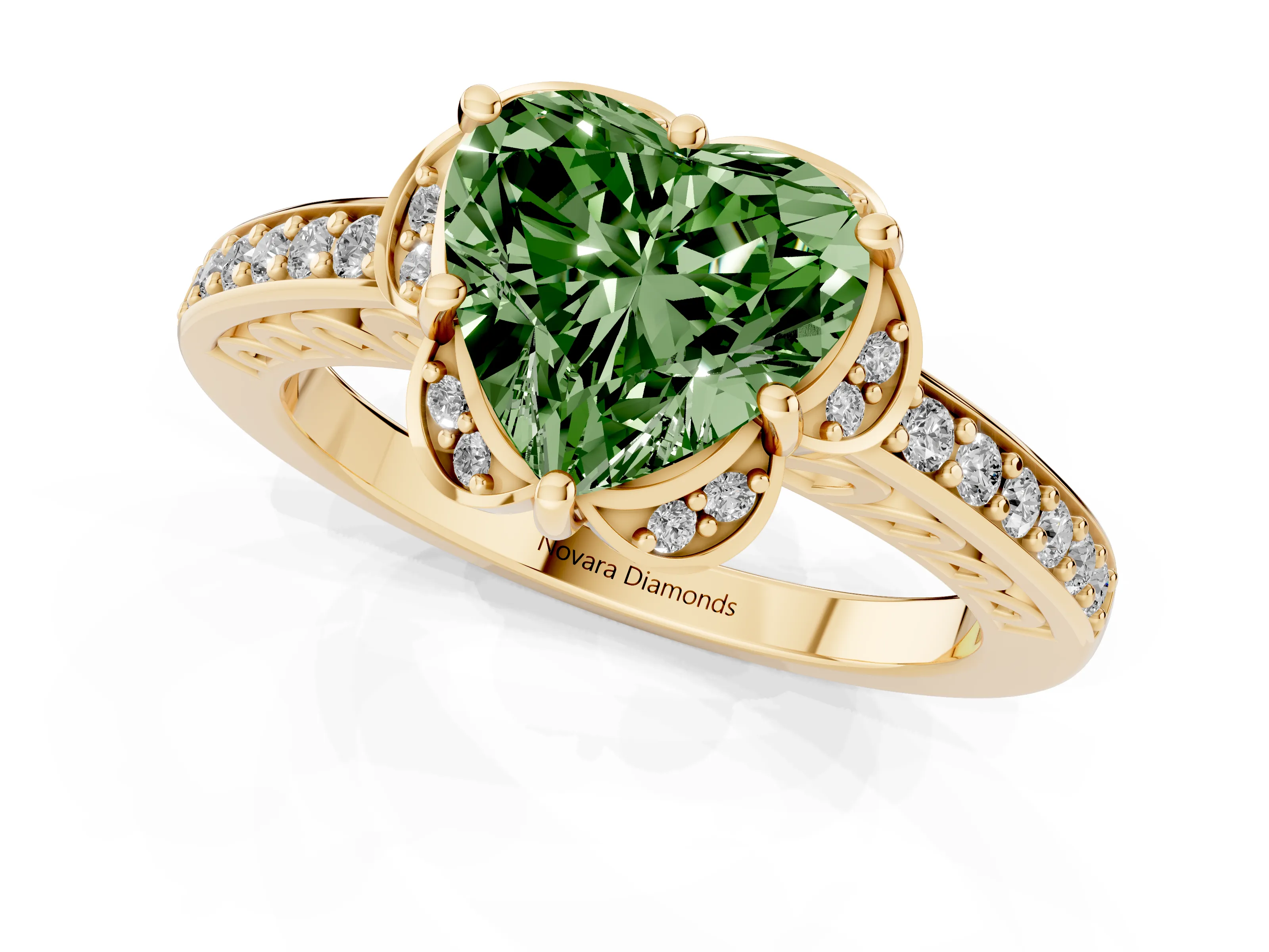 Fancy Green Heart Cut Diamond Halo Ring Set in Yellow gold with Channel Set Band and Prong Setting