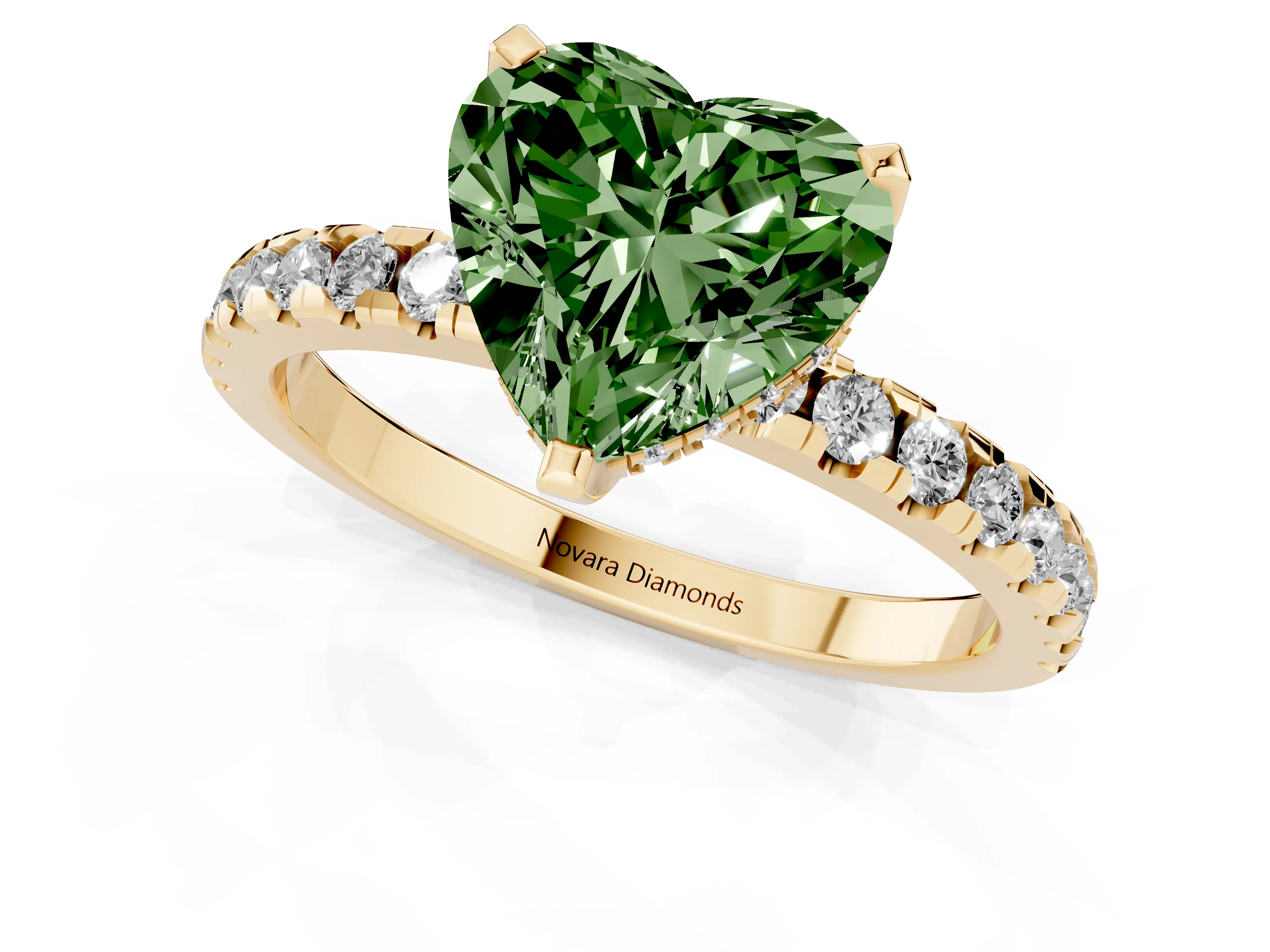 Fancy Green Heart Cut Diamond Pavé Solitaire Ring Set in Yellow gold with Round Band Accents and Prong Setting