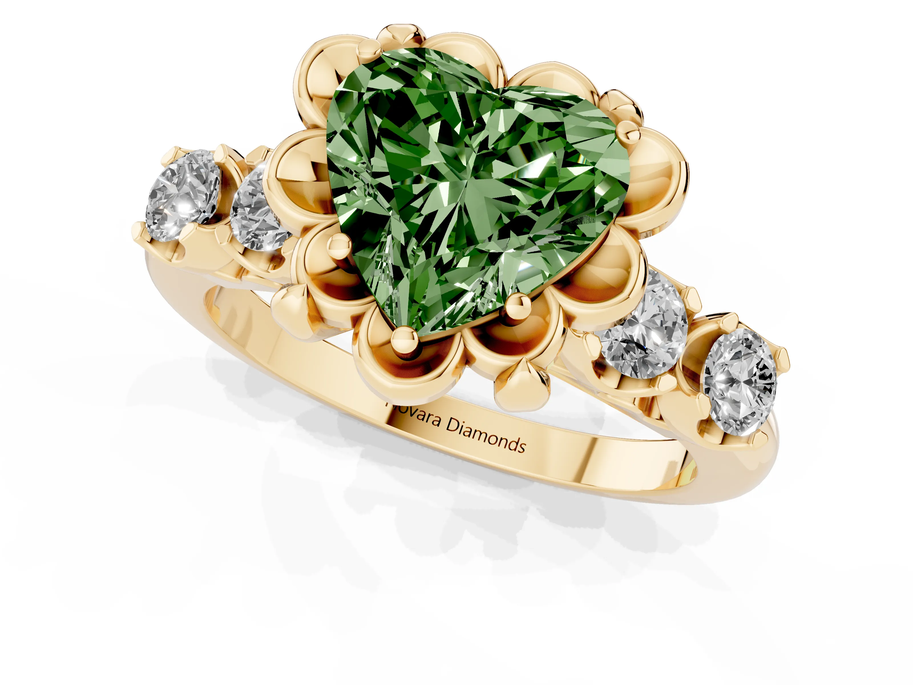 Fancy Green Heart Cut Diamond Floral Halo Ring Set in Yellow gold with Shared Prong Band