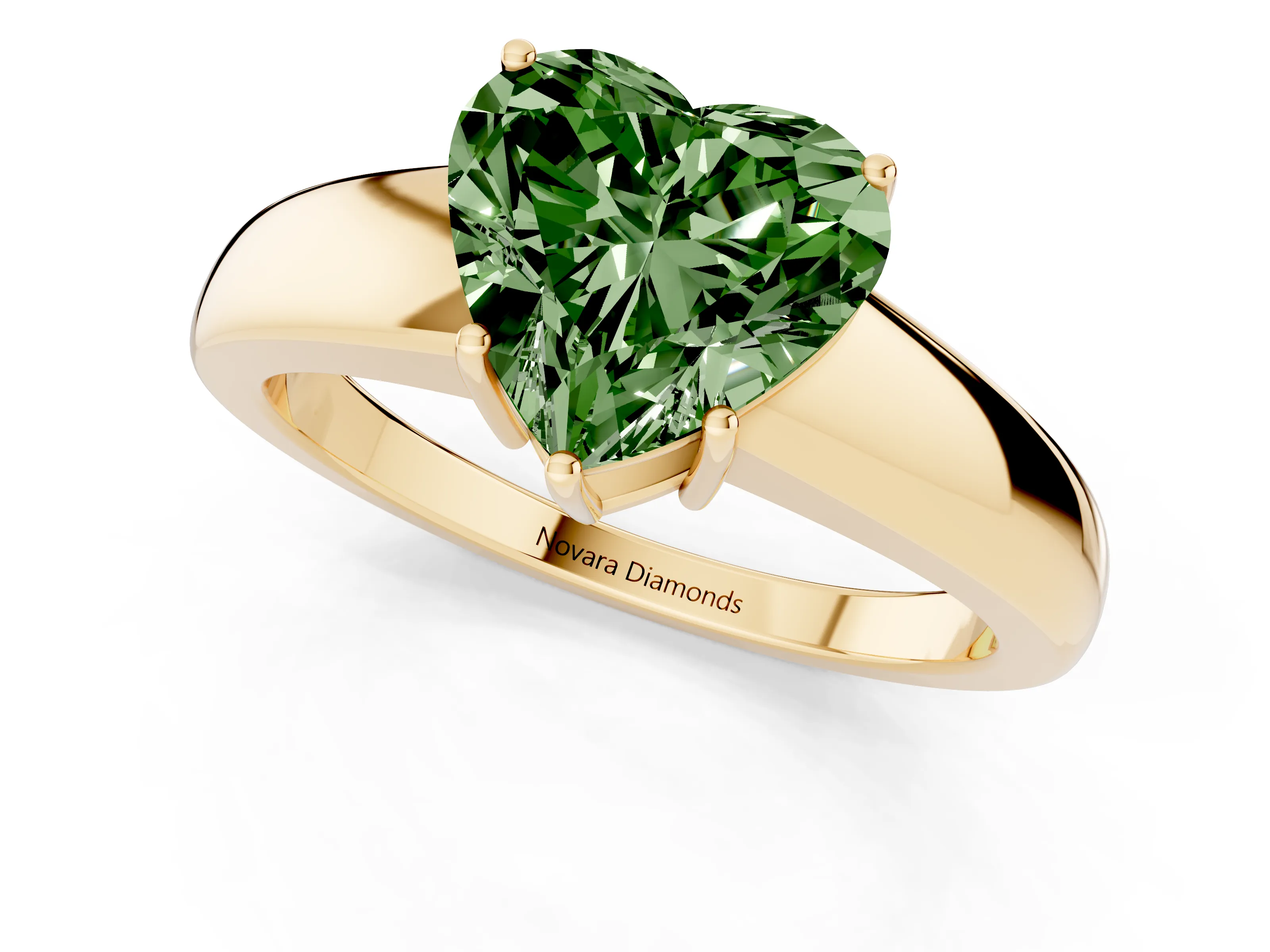 Fancy Green Heart Cut Diamond Solitaire Ring Set in Yellow gold with Tapered Band and Prong Setting