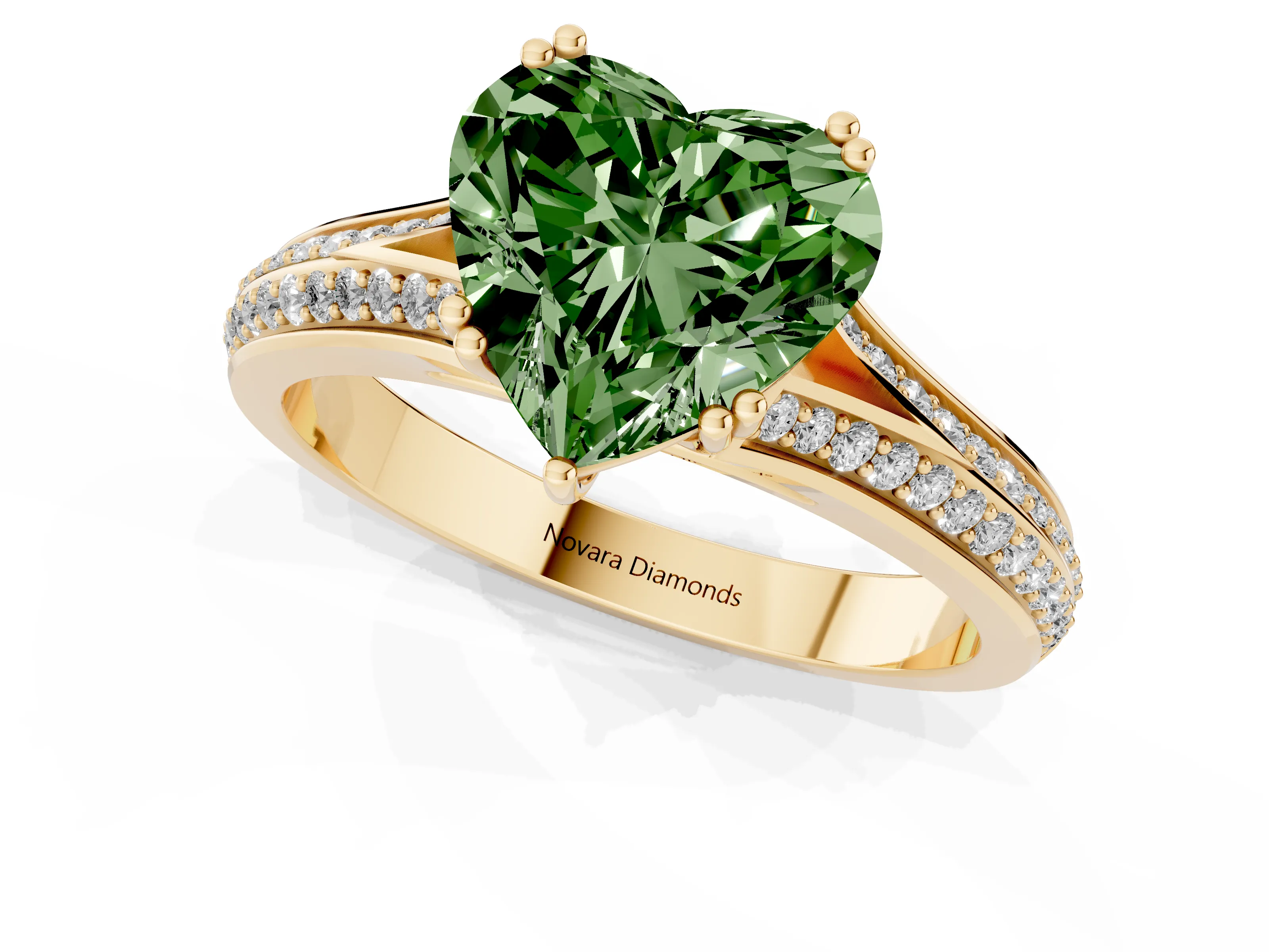 Fancy Green Heart Cut Diamond Split Shank Pavé Engagement Ring Set in Yellow gold with Prong-Set Center Stone