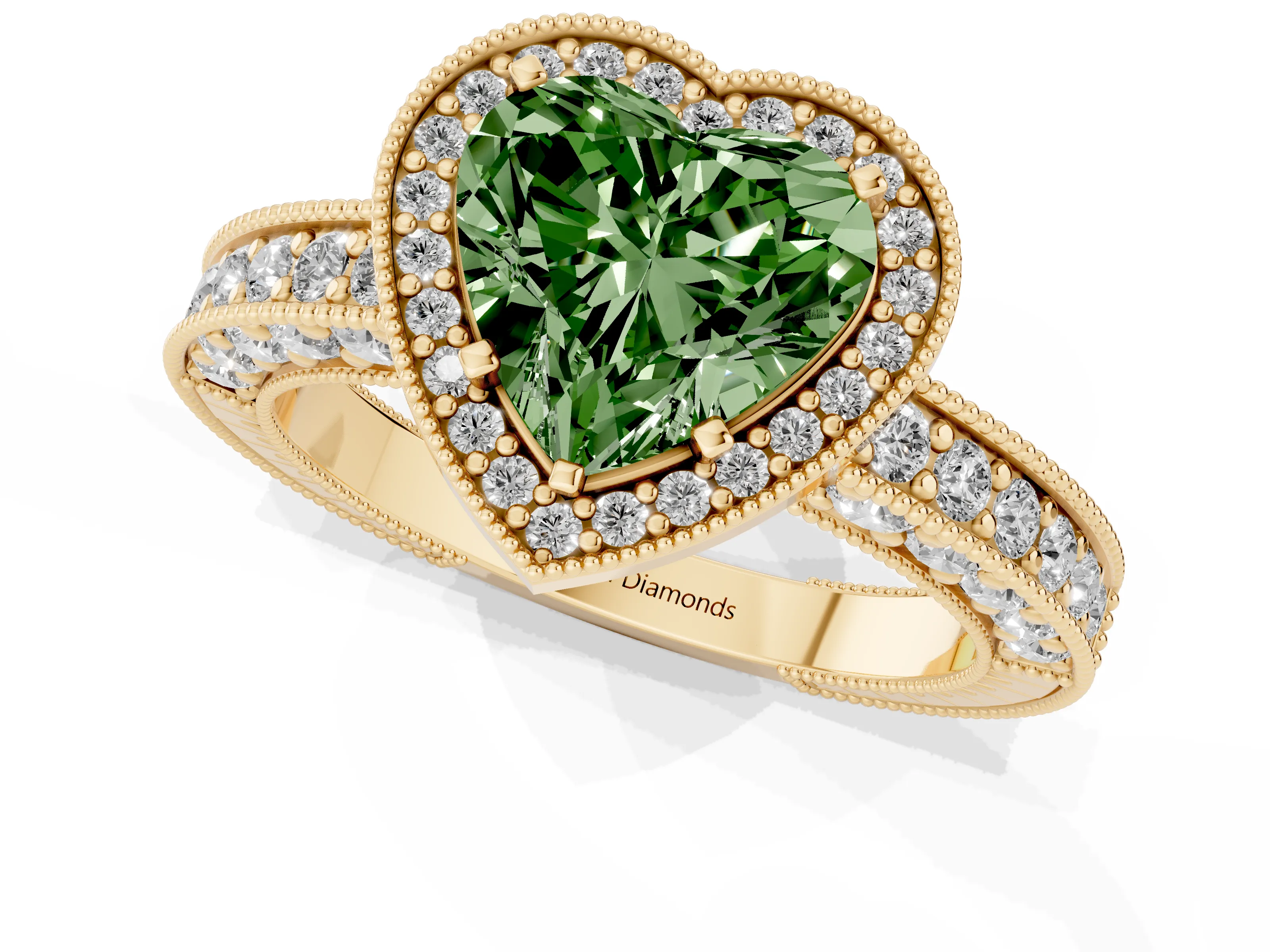 Fancy Green Heart Cut Diamond Halo Pavé Band Ring Set in Yellow gold with Prong-Set Center