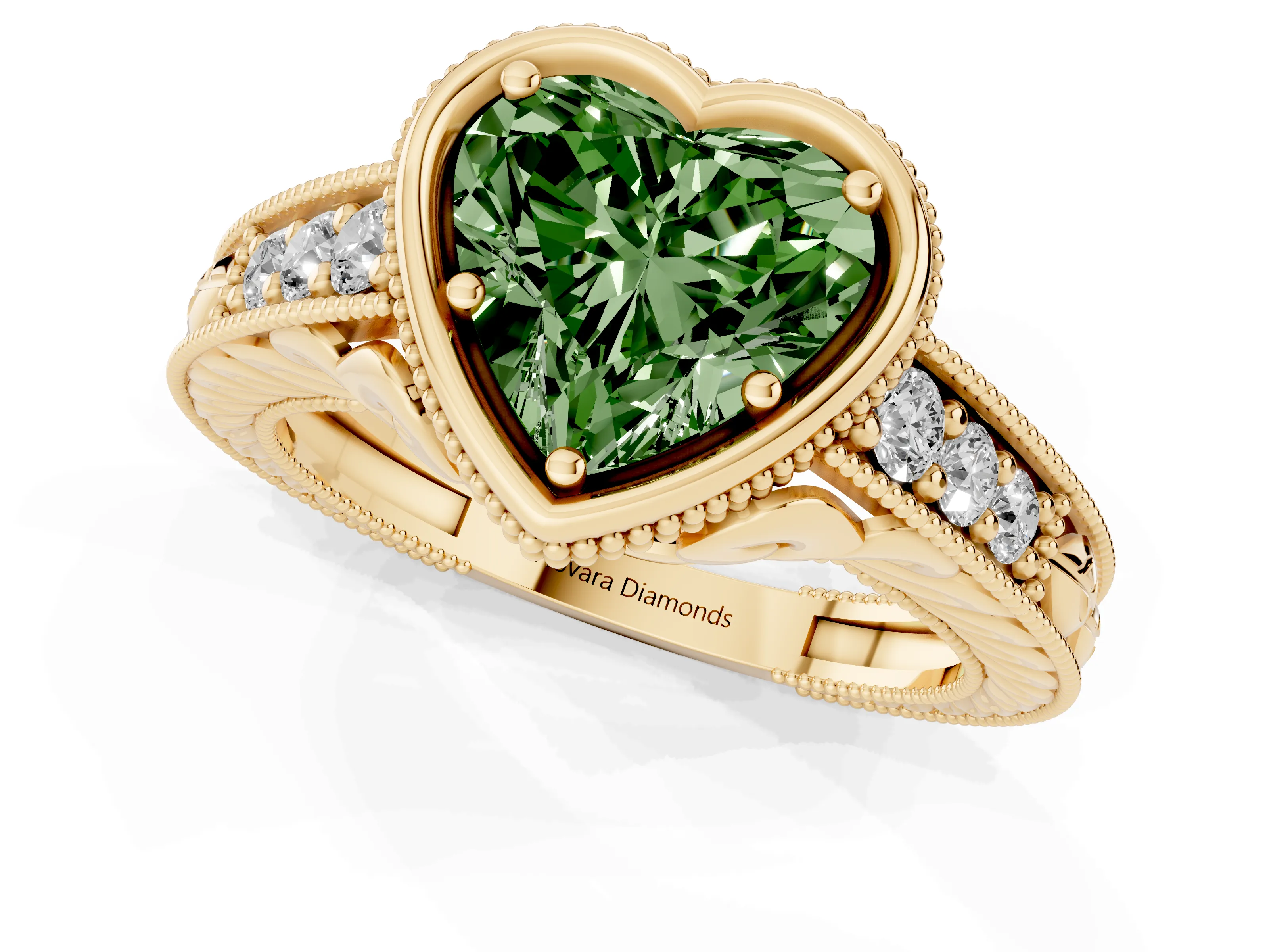Fancy Green Bezel Set Heart Cut Diamond Milgrain Pavé Engagement Ring Set in Yellow gold
