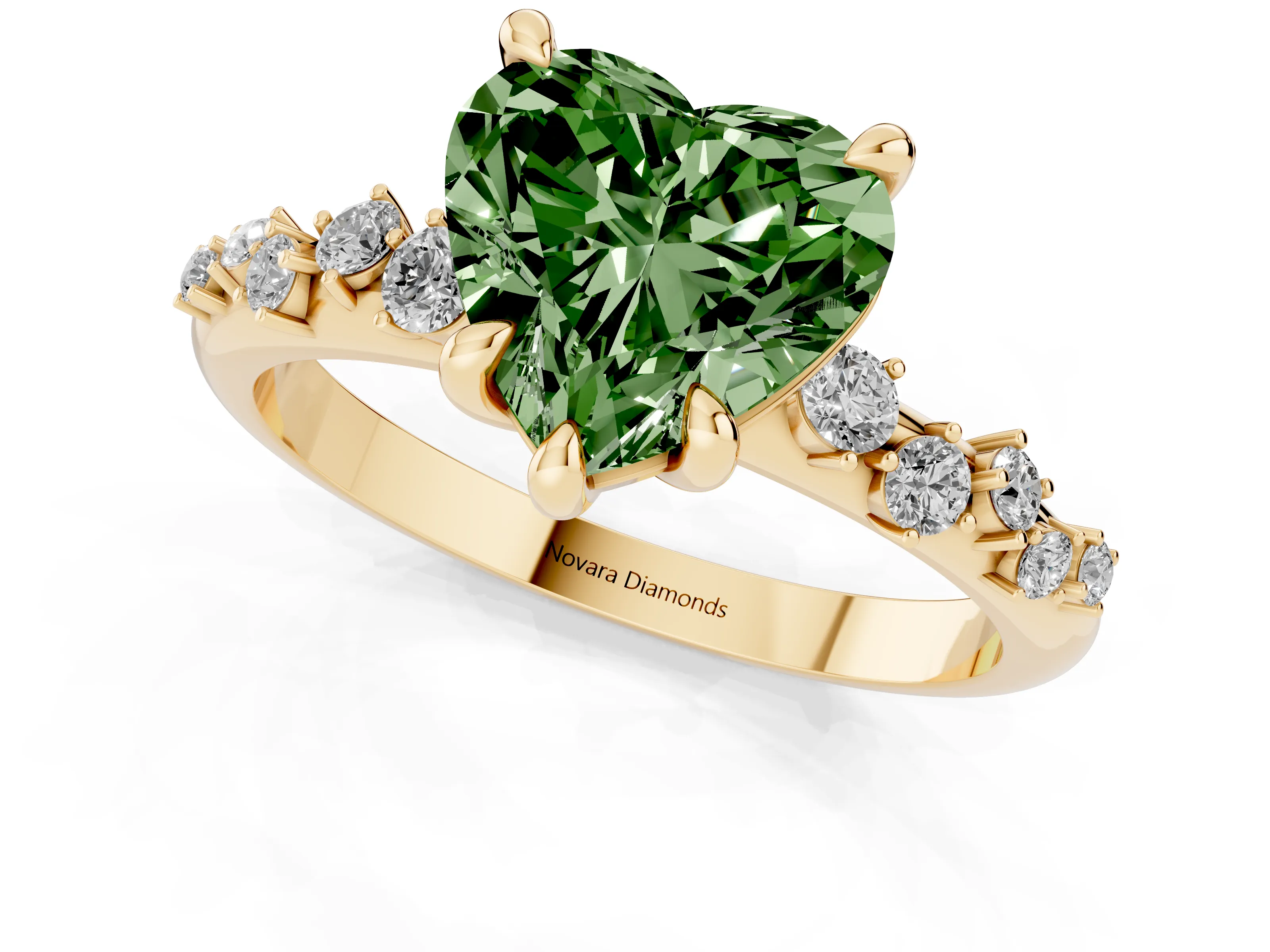 Fancy Green Heart Cut Diamond Solitaire Vine Band Ring Set in Yellow gold with Round Accents and Prong Setting – second view