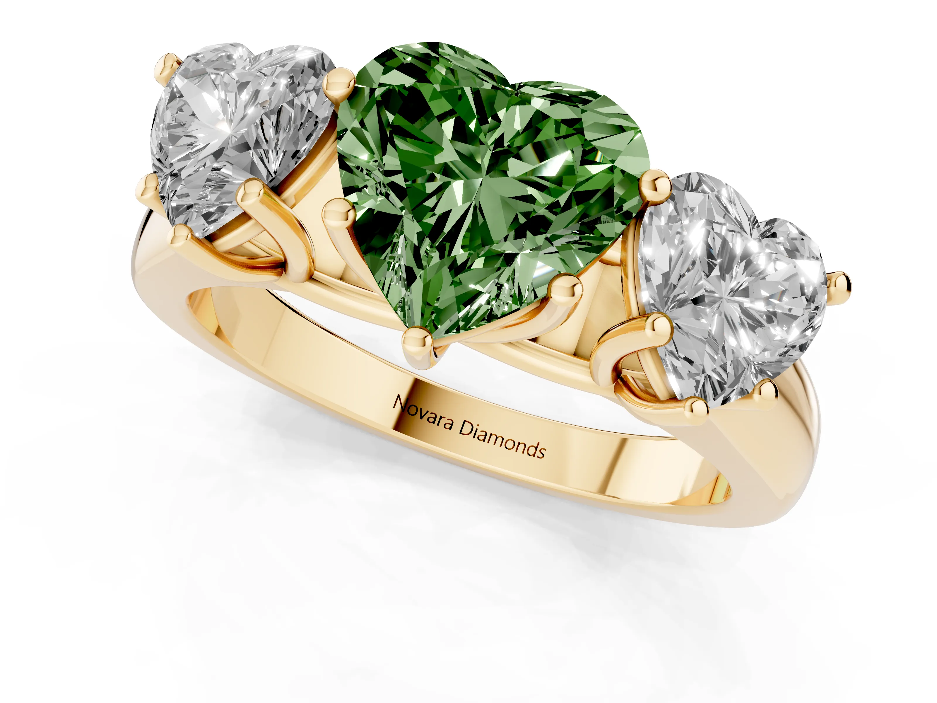 Fancy Green Heart Cut Diamond Three-Stone Ring Set in Yellow gold with Plain Polished Band