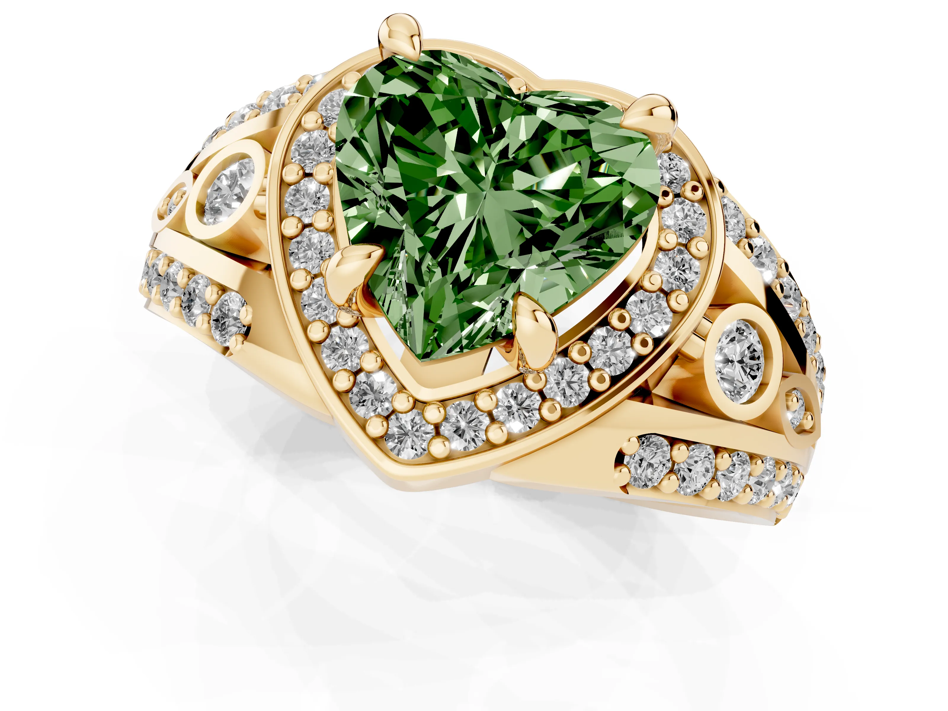 Fancy Green Heart Cut Diamond Halo Ring Set in Yellow gold with Pavé Split Shank and Bezel Accents
