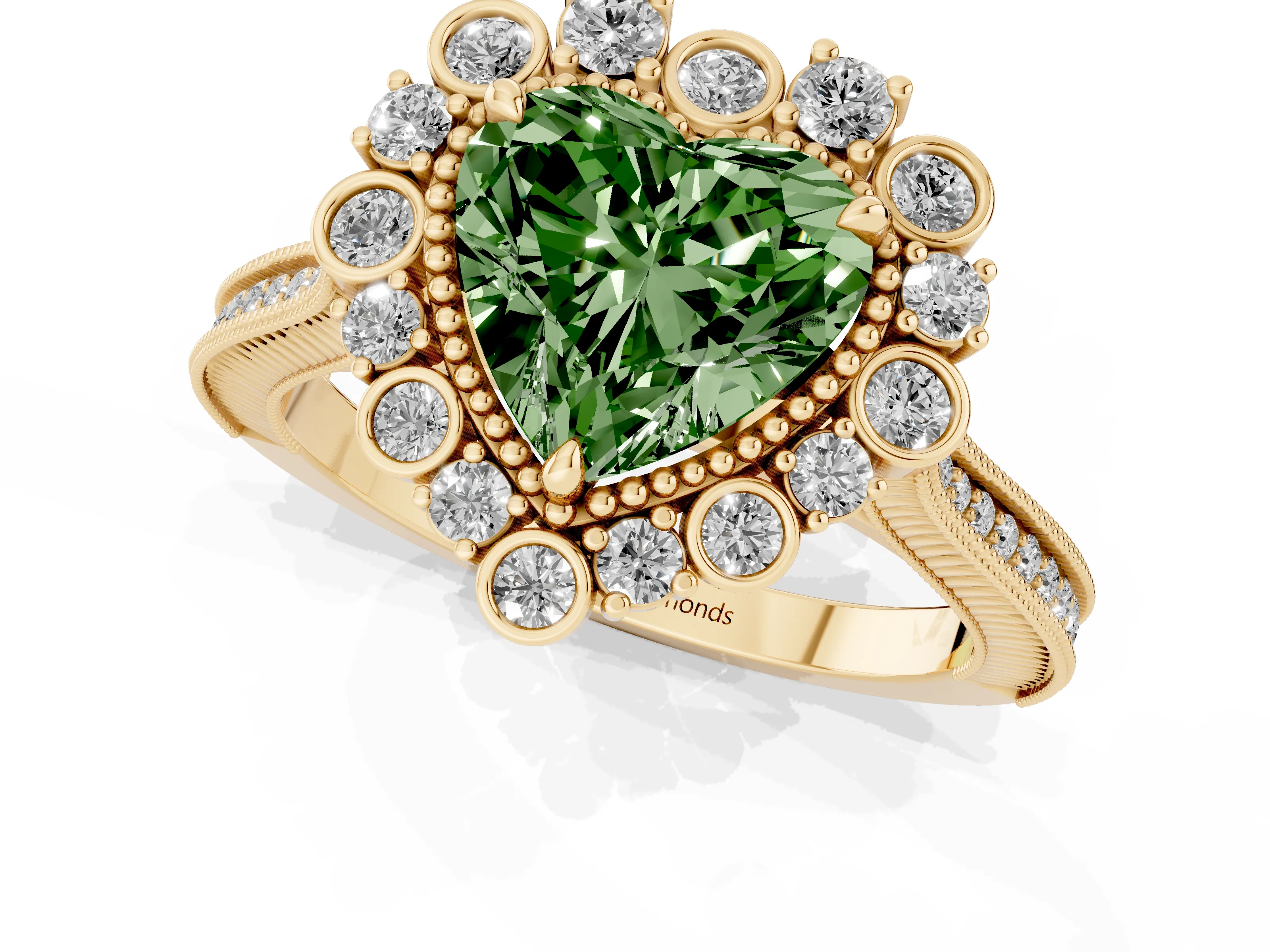 Fancy Green Heart Cut Diamond Halo Milgrain Pavé Ring Set in Yellow gold with Prong Setting