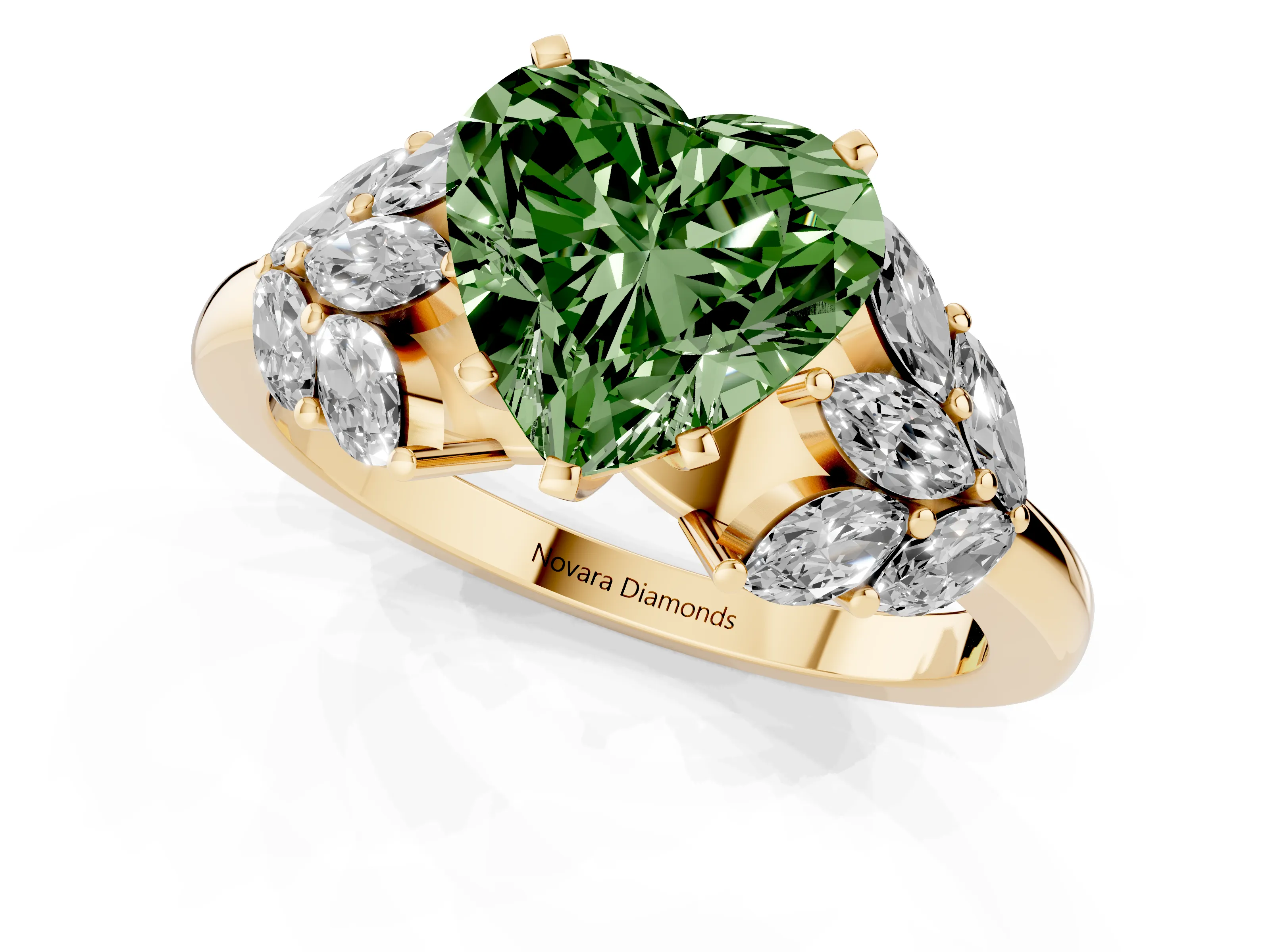 Fancy Green Heart Cut Diamond Cluster Leaf Design Ring Set in Yellow gold with Prong Setting