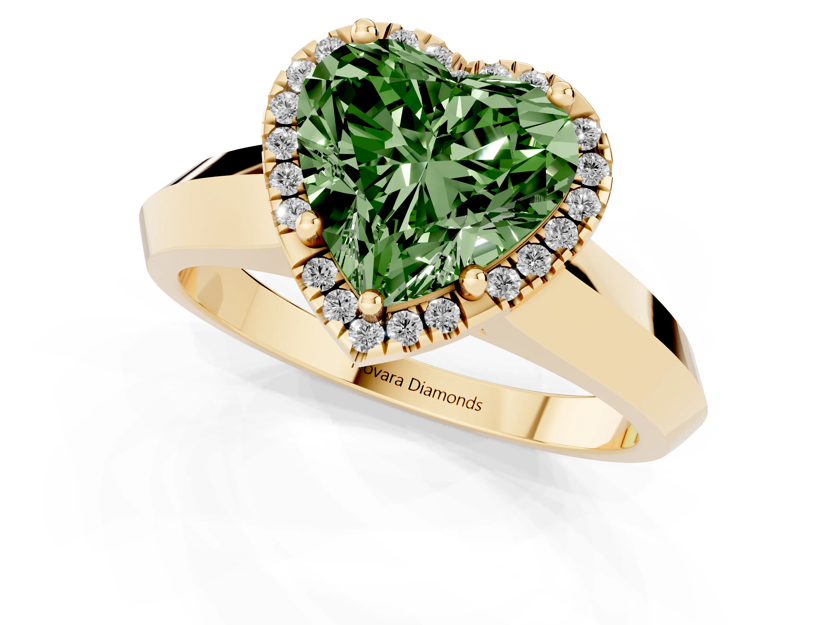 Fancy Green Heart Cut Diamond Halo Ring Set in Yellow gold with Cathedral Band and Prong Setting
