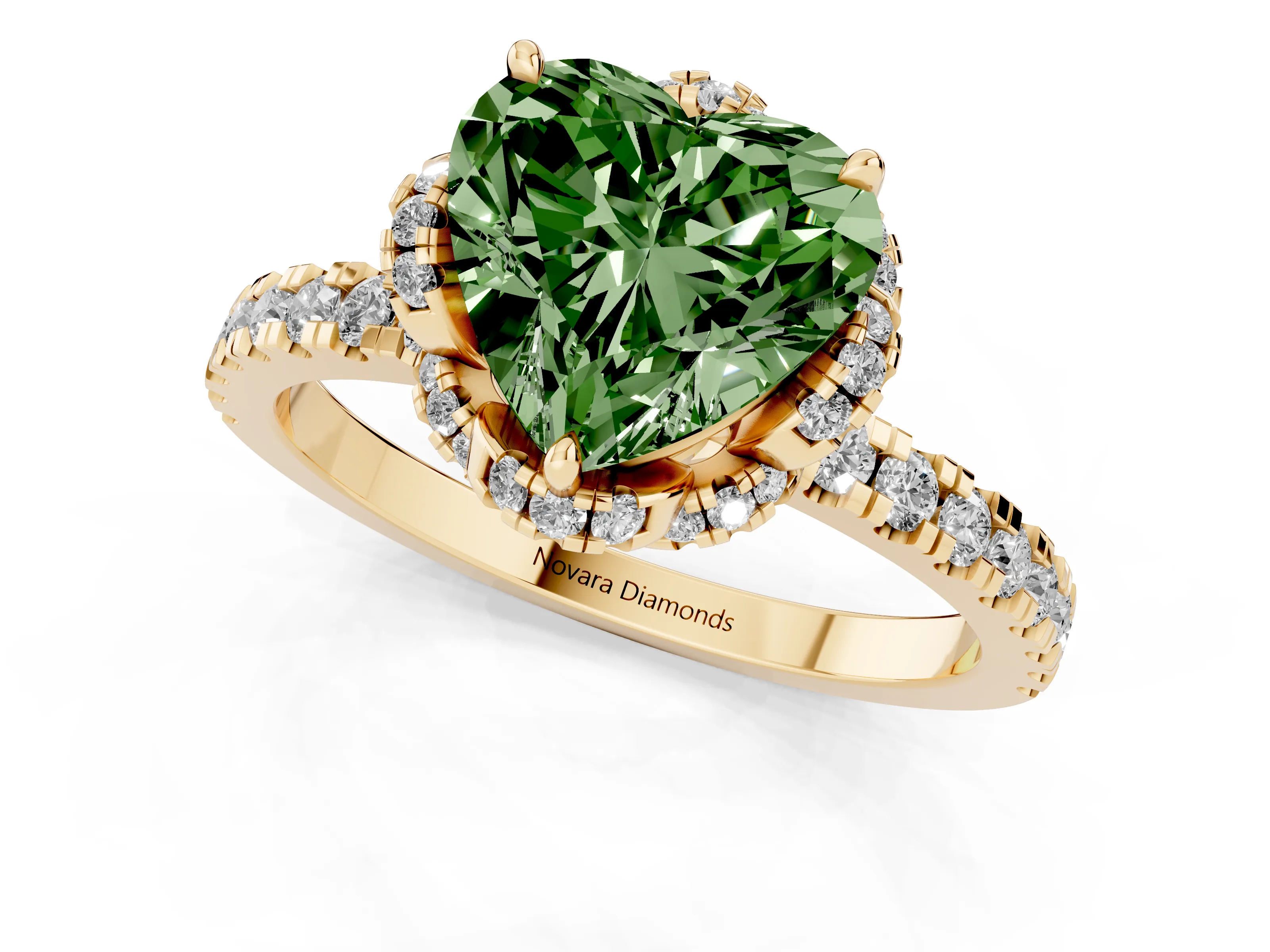 Fancy Green Heart Cut Diamond Halo Pavé Band Ring Set in Yellow gold with Prong-Held Center