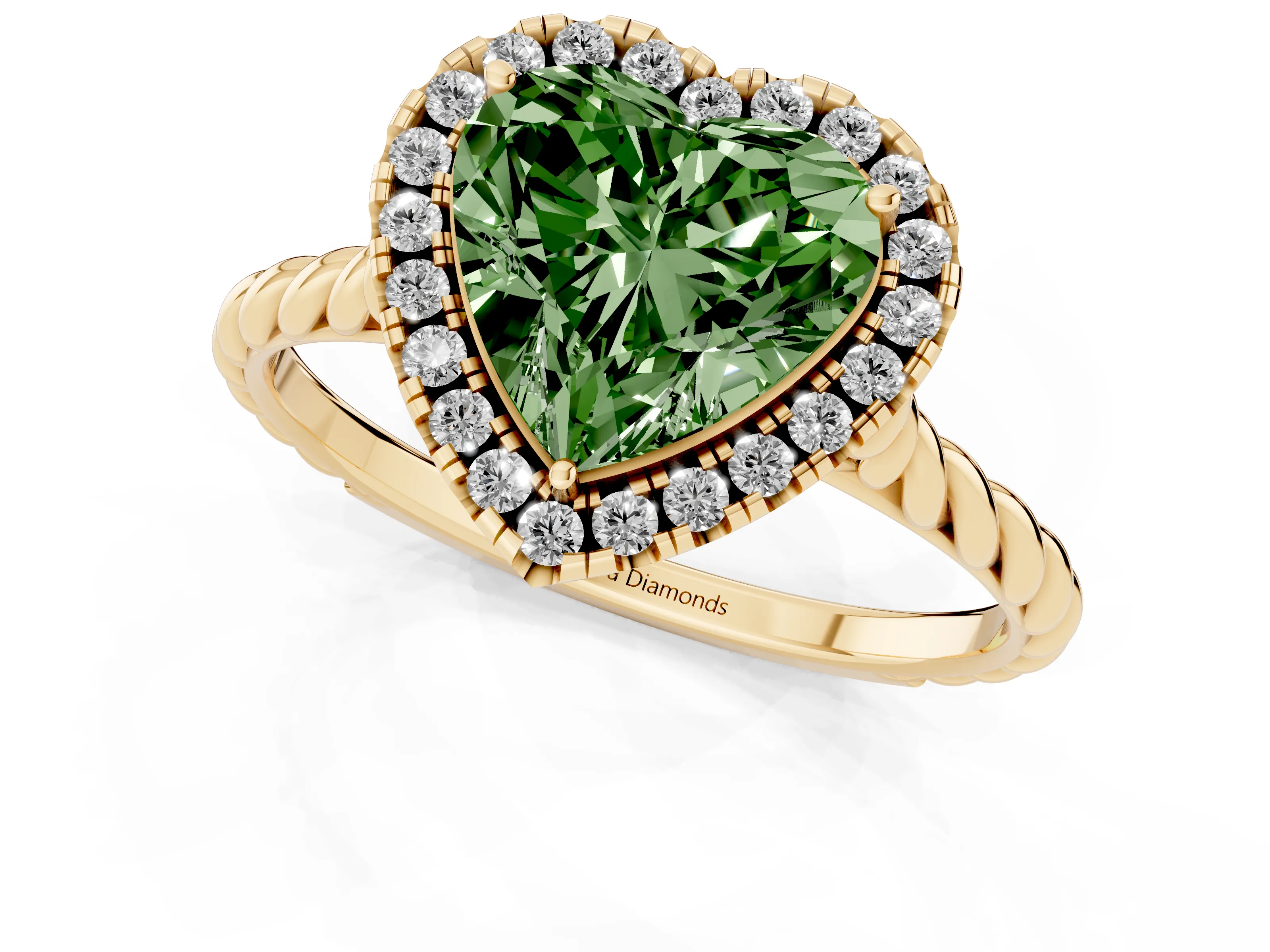 Fancy Green Heart Cut Diamond Halo Ring Set in Yellow gold with Plain Twisted Band