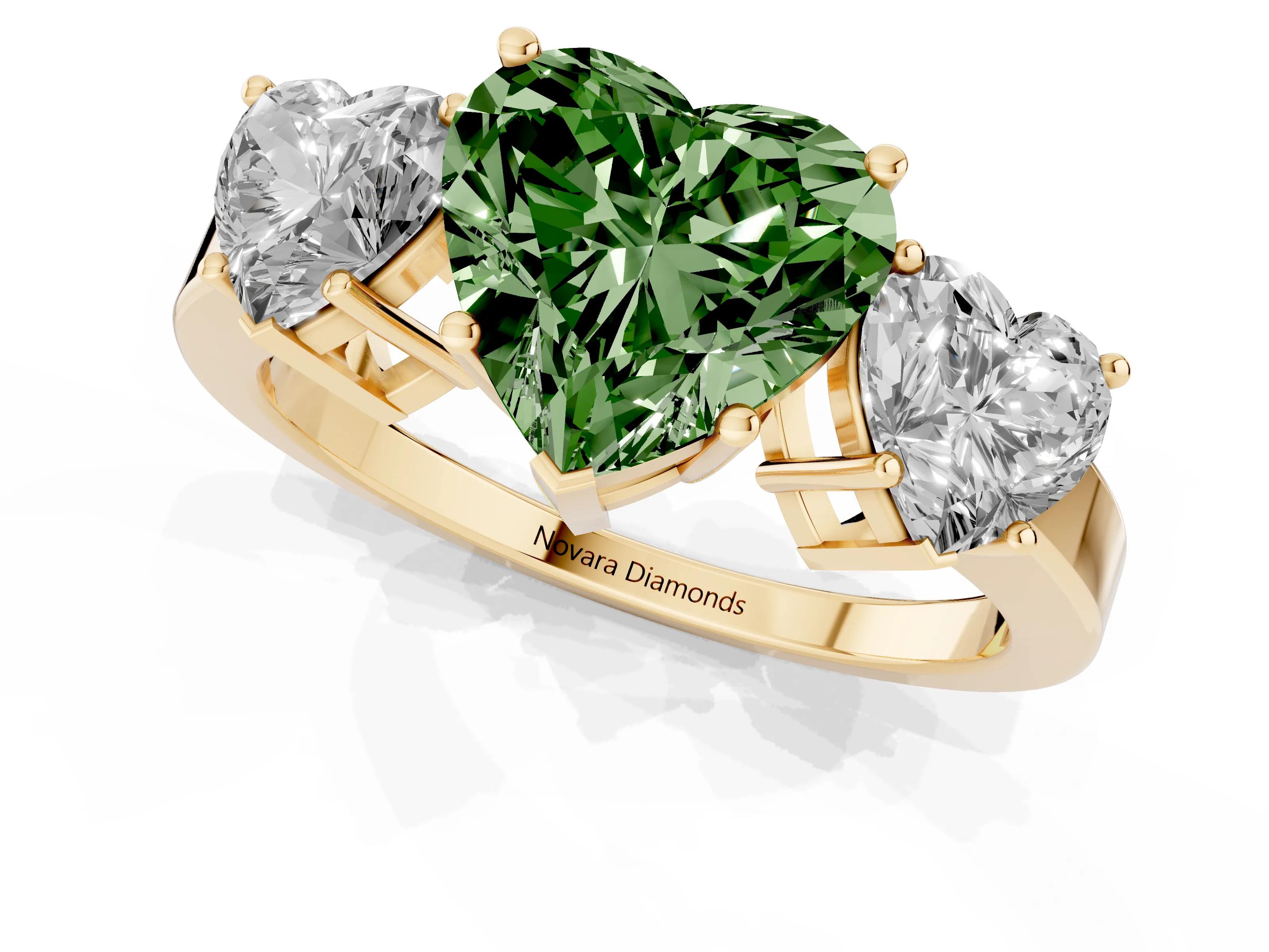 Fancy Green Heart Cut Diamond Three-Stone Engagement Ring Set in Yellow gold with Flat Band