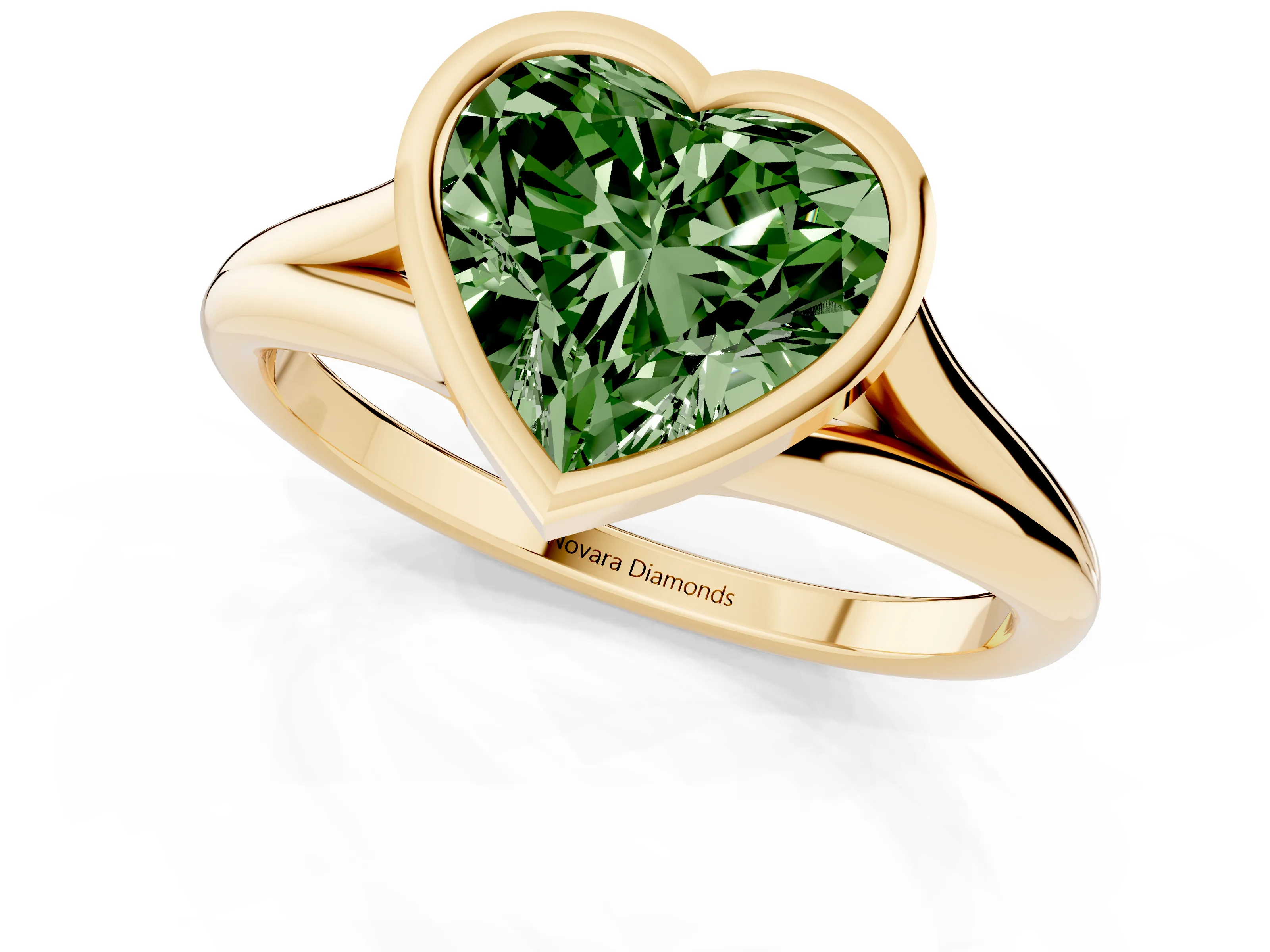Fancy Green Bezel Set Heart Cut Diamond Solitaire Ring Set in Yellow gold with Tapered Band