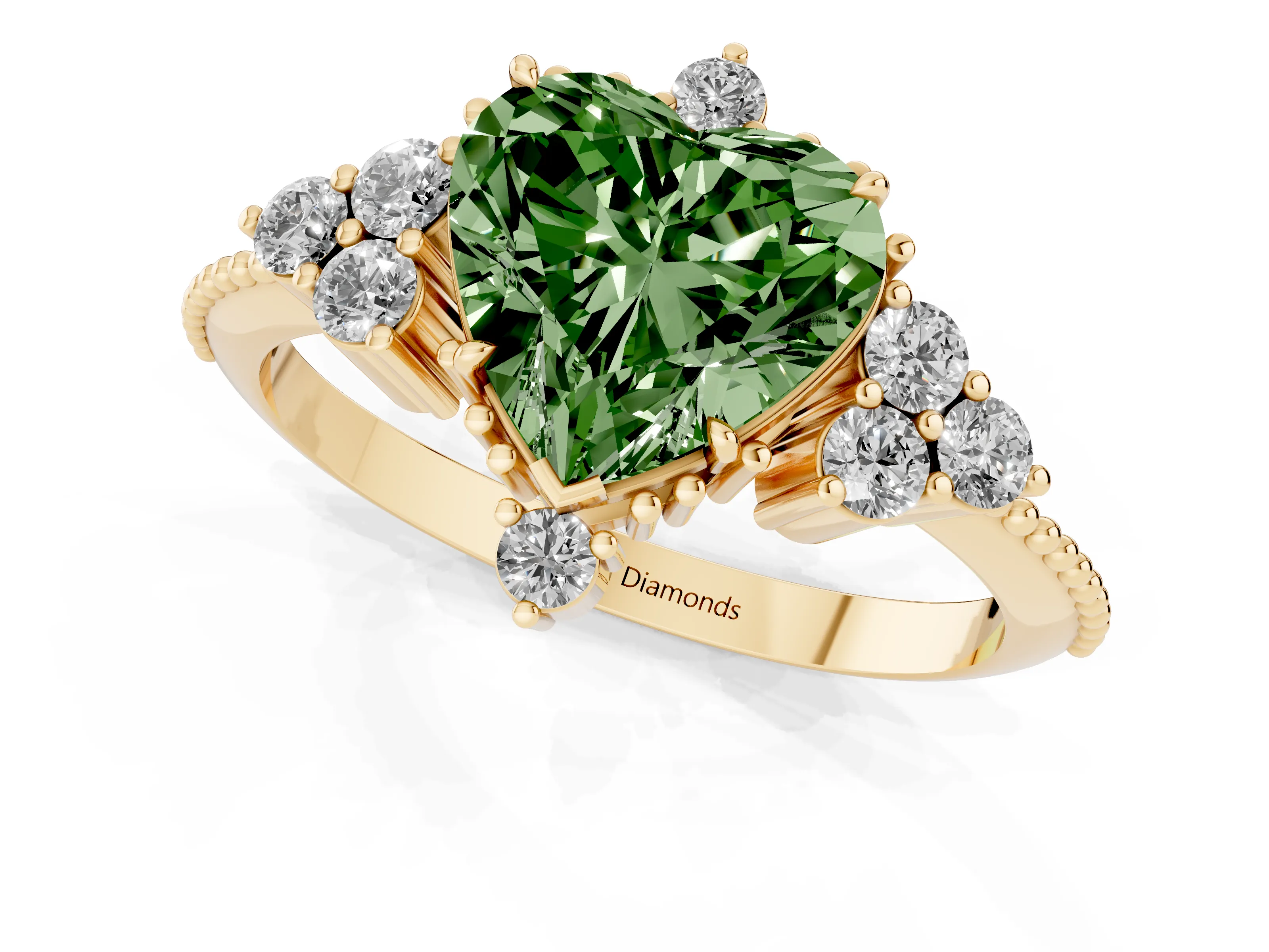 Fancy Green Heart Cut Diamond Cluster Ring Set in Yellow gold with Beaded Band