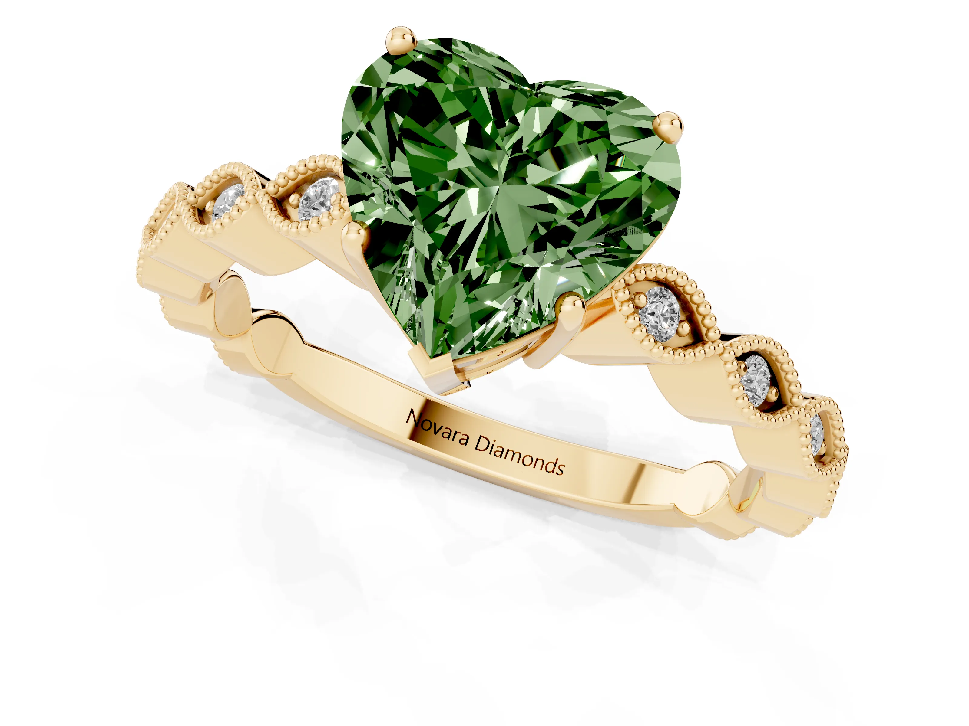 Fancy Green Heart Cut Diamond Solitaire Ring Set in Yellow gold with Infinity Twist Pavé Band