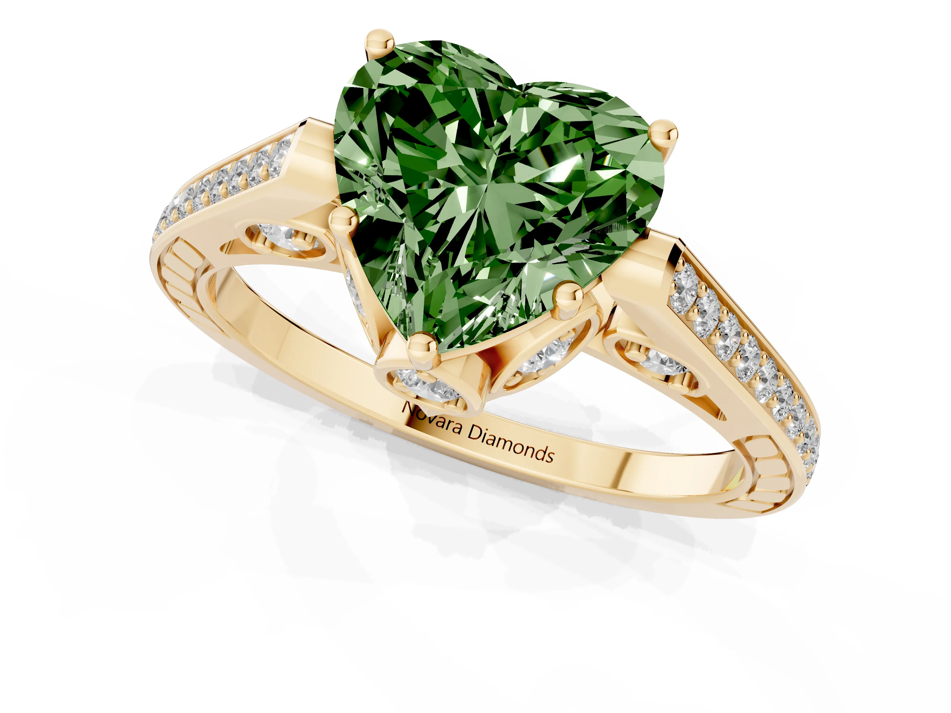 Fancy Green Heart Cut Diamond Cathedral Pavé Engagement Ring Set in Yellow gold with Prong Setting