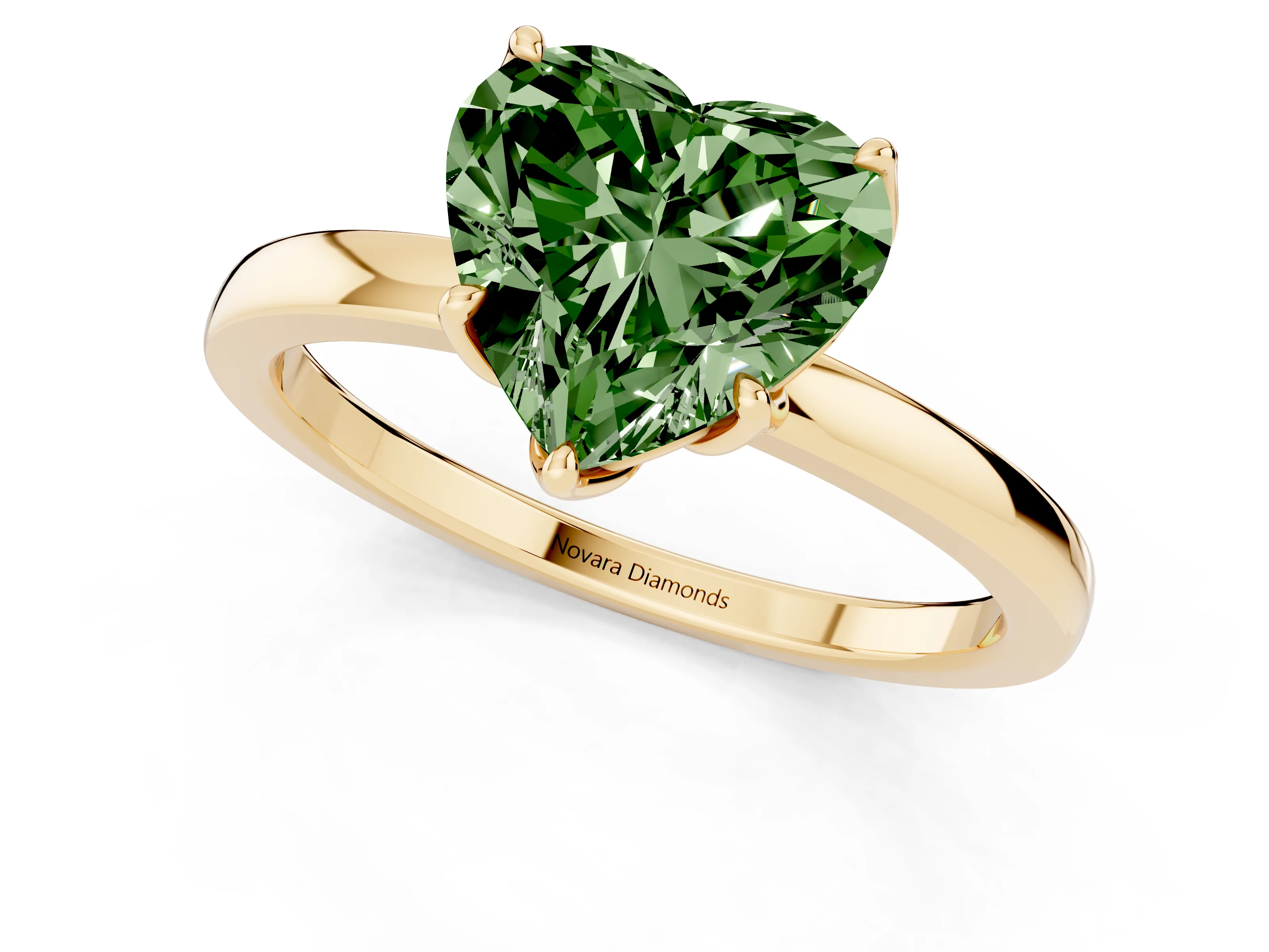 Fancy Green Heart Cut Diamond Solitaire Ring Set in Yellow gold with Prong Setting and Thin Polished Band