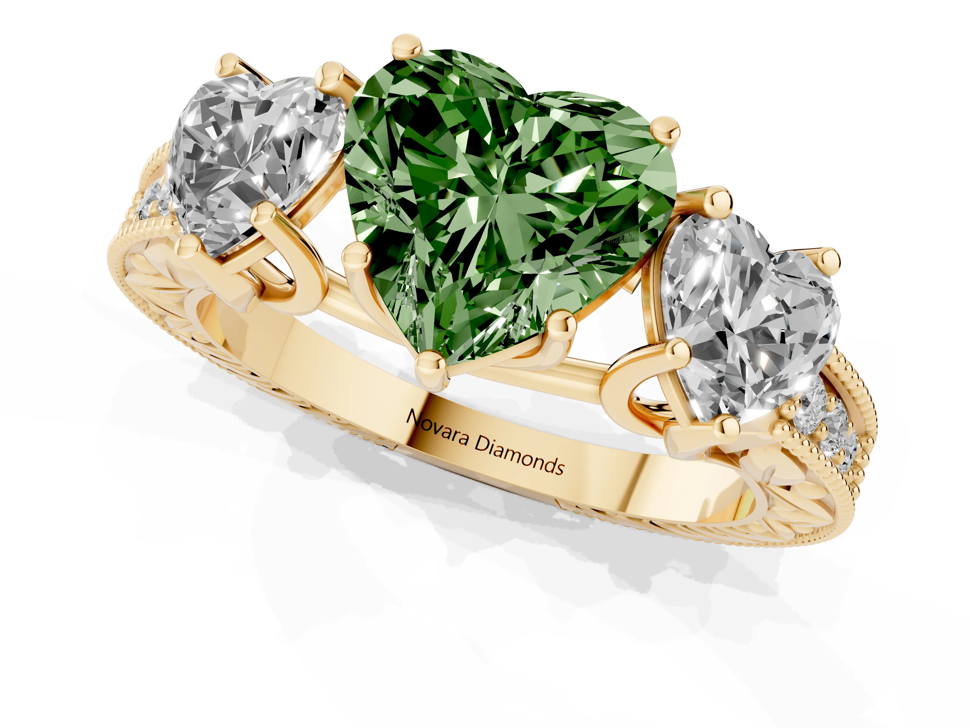 Fancy Green Heart Cut Diamond Three-Stone Engagement Ring Set in Yellow gold with Milgrain Pavé Band