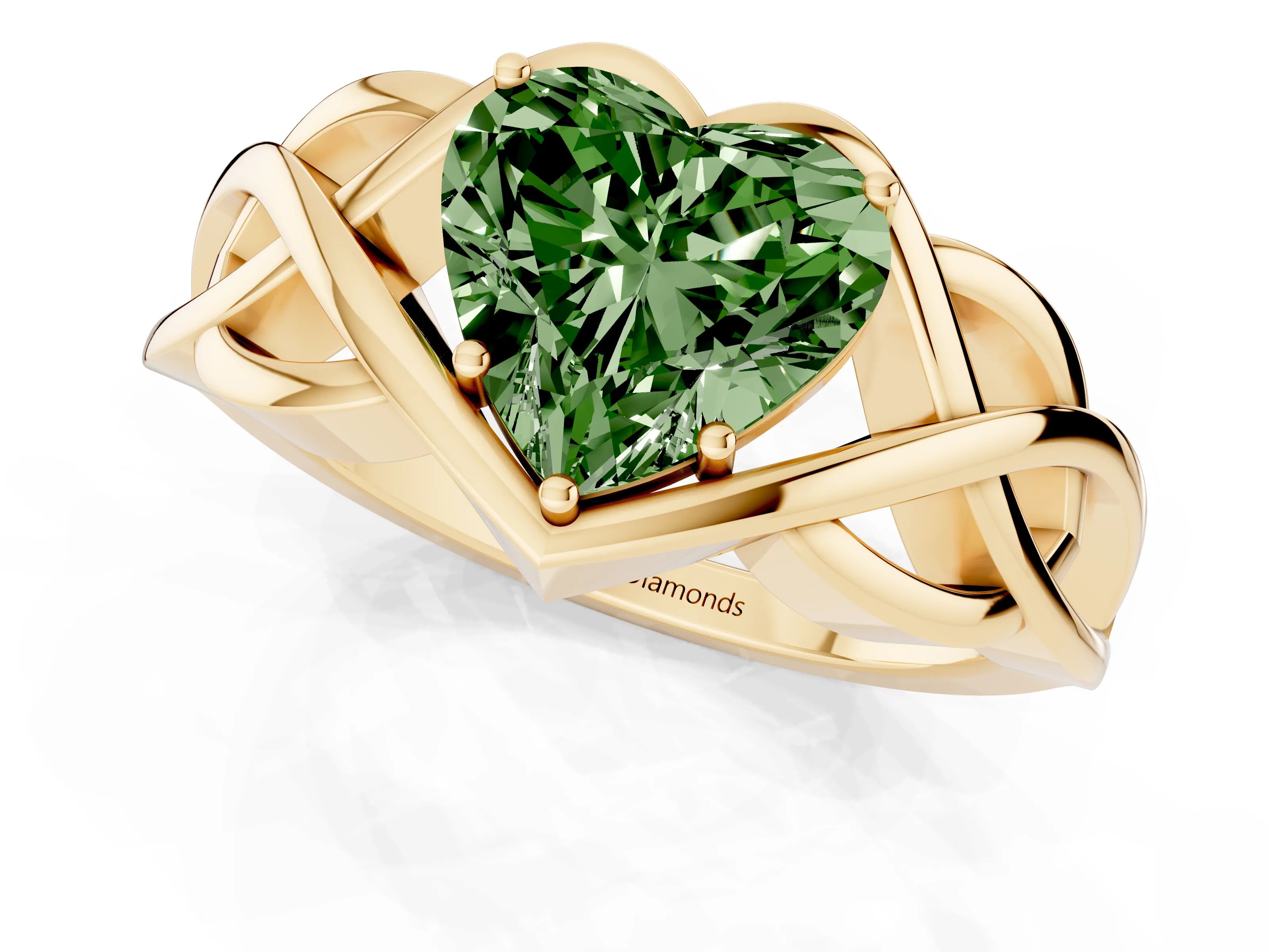 Fancy Green Heart Cut Diamond Solitaire Ring Set in Yellow gold with Intertwined Band
