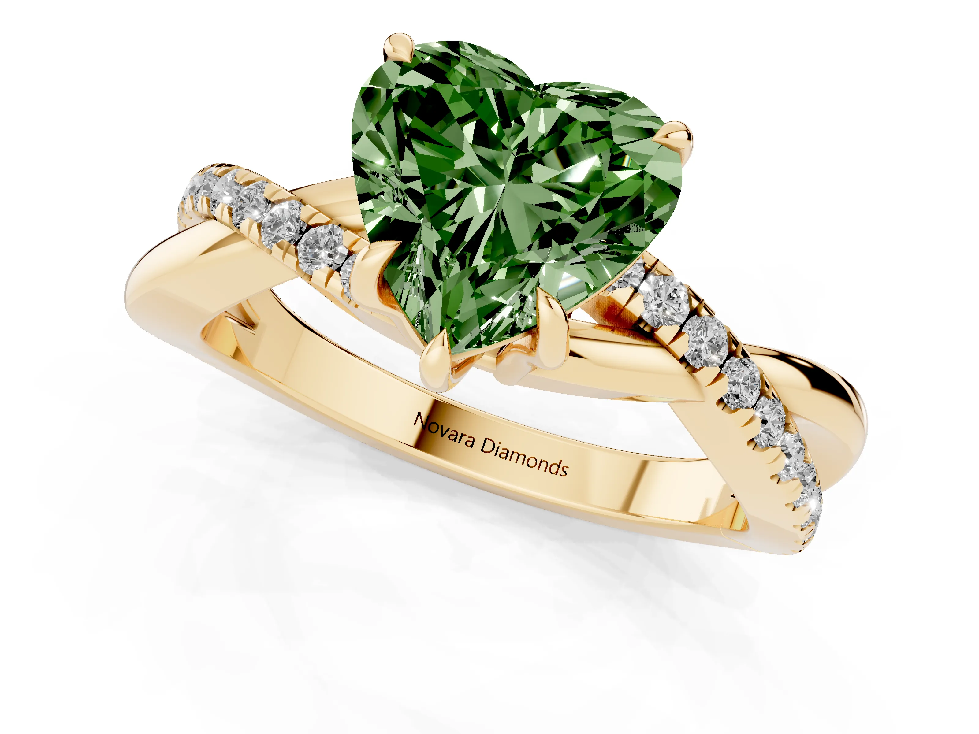 Fancy Green Heart Cut Diamond Twisted Pavé Band Ring Set in Yellow gold with Prong Setting