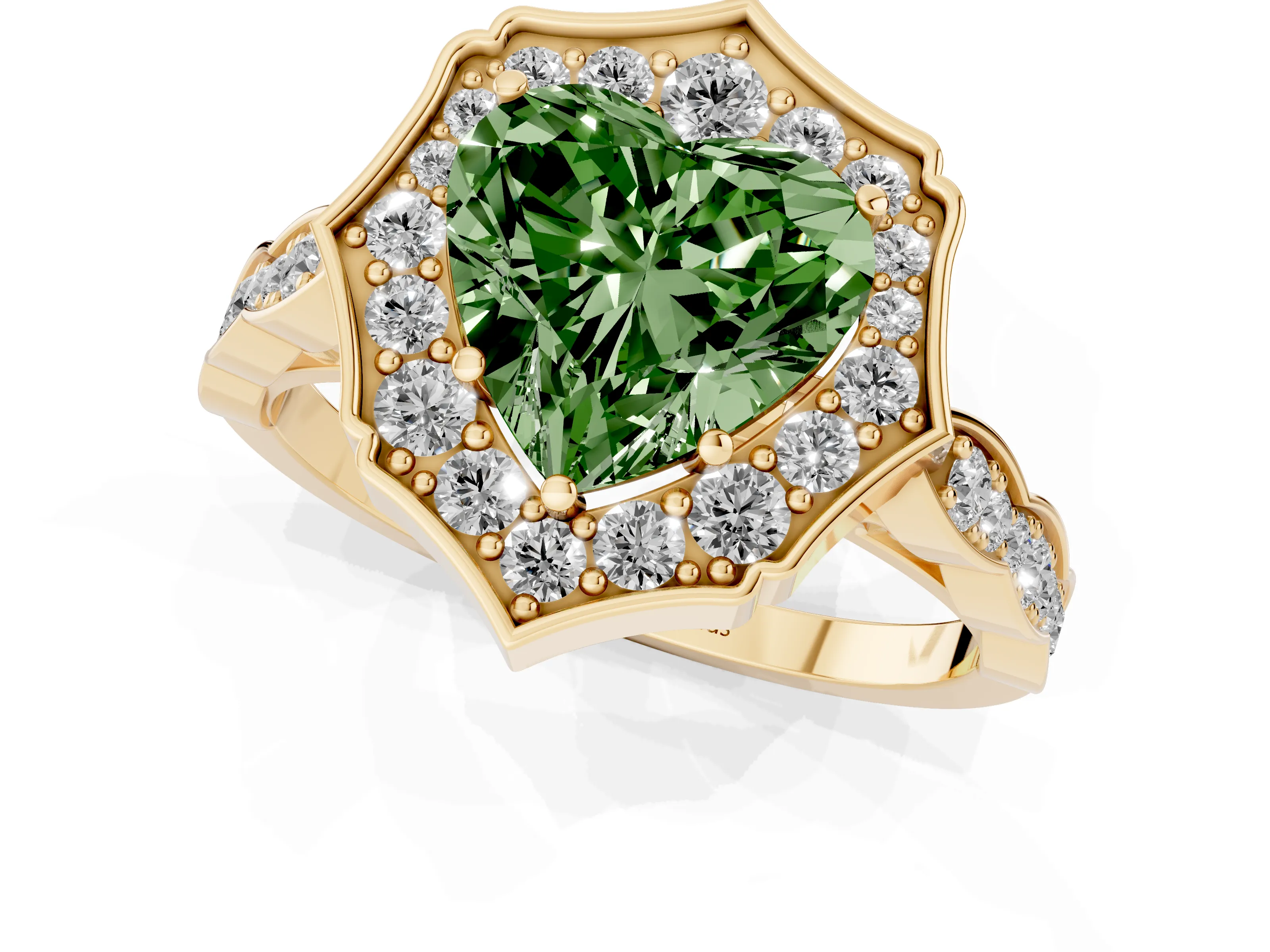 Fancy Green Heart Cut Diamond Halo Engagement Ring Set in Yellow gold with Milgrain Band and Prong Setting