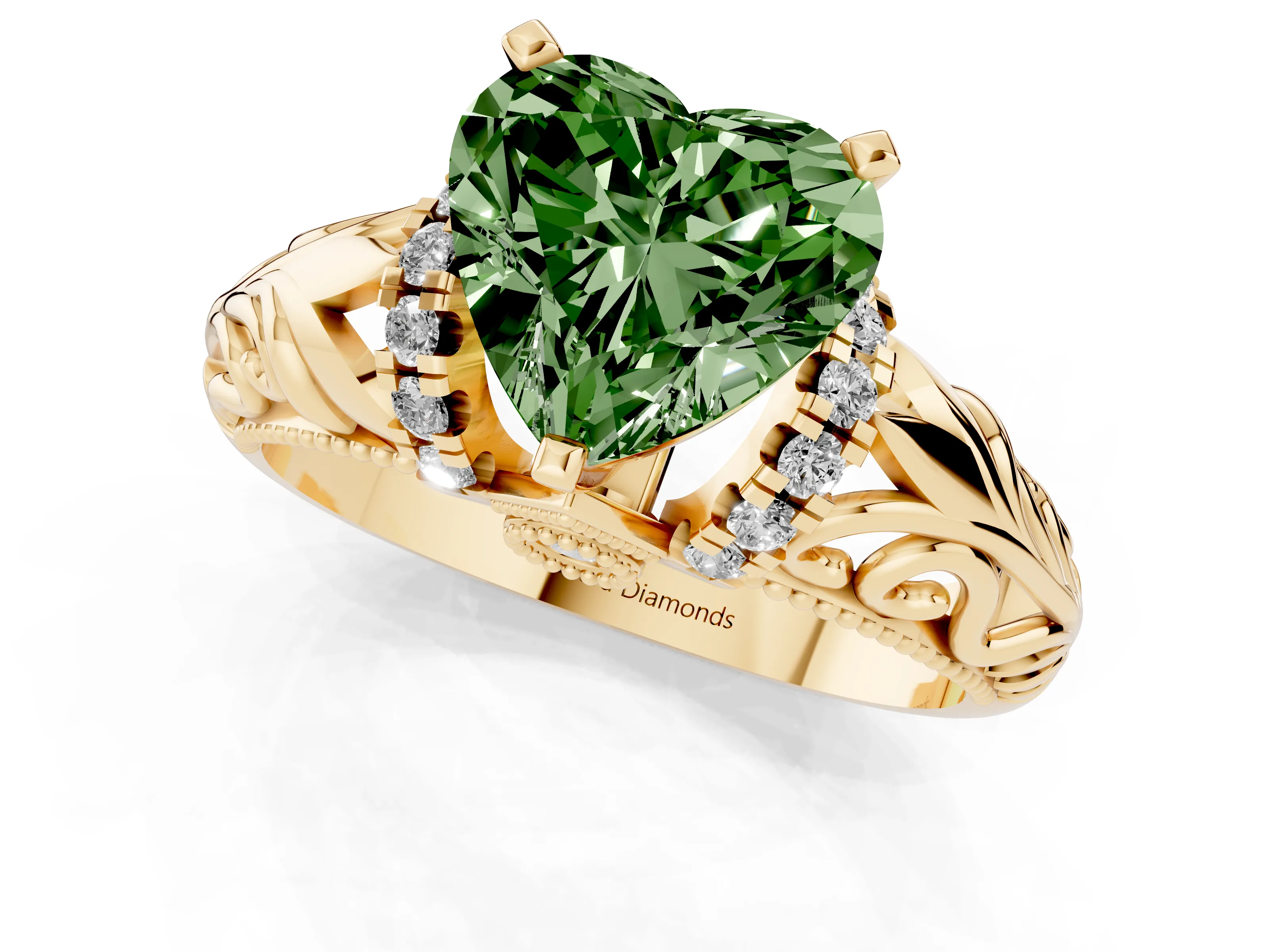 Fancy Green Heart Cut Diamond Filigree Halo Engagement Ring Set in Yellow gold with Prong Setting
