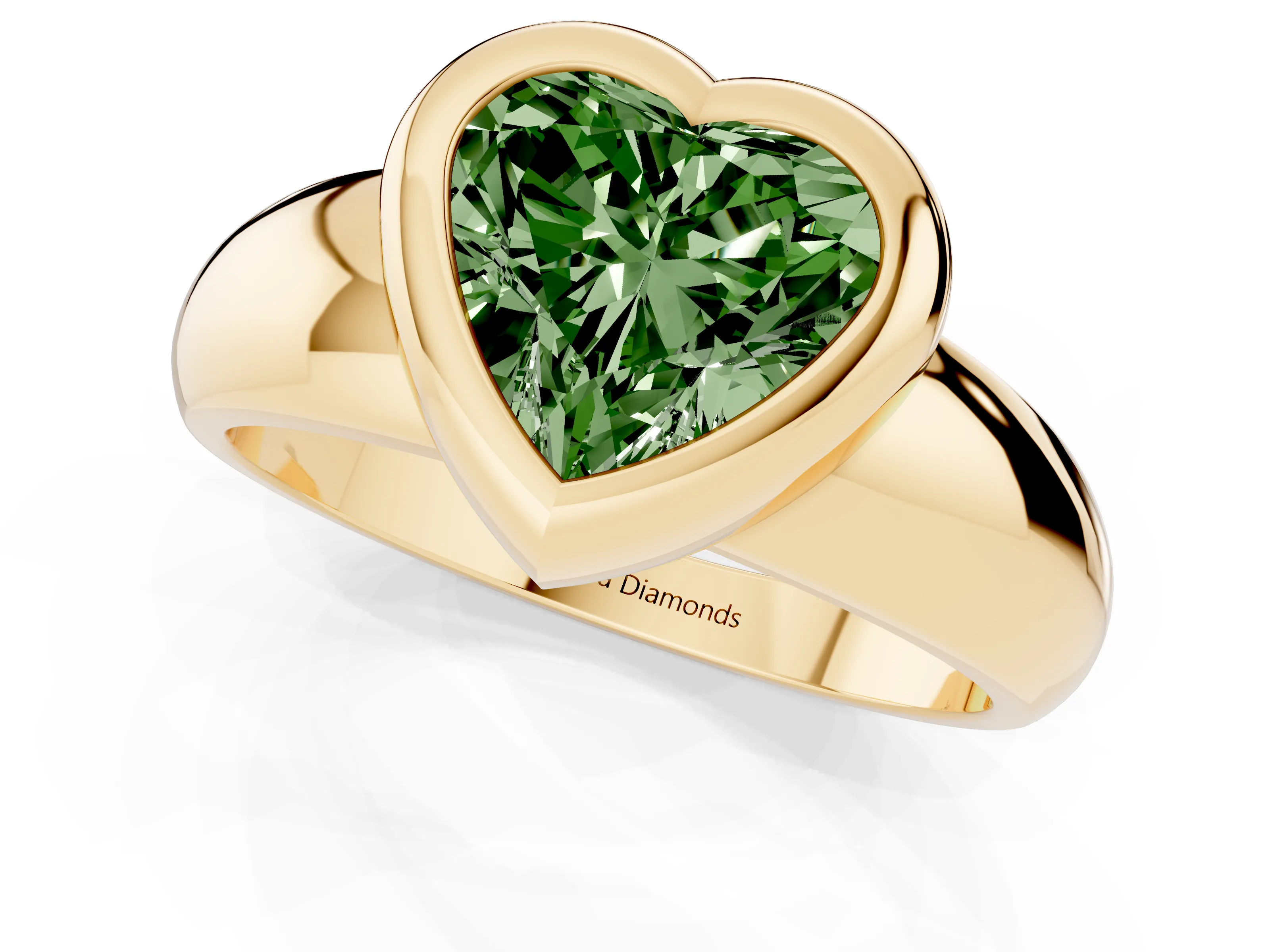 Fancy Green Bezel Set Heart Cut Diamond Solitaire Ring Set in Yellow gold with Wide Band