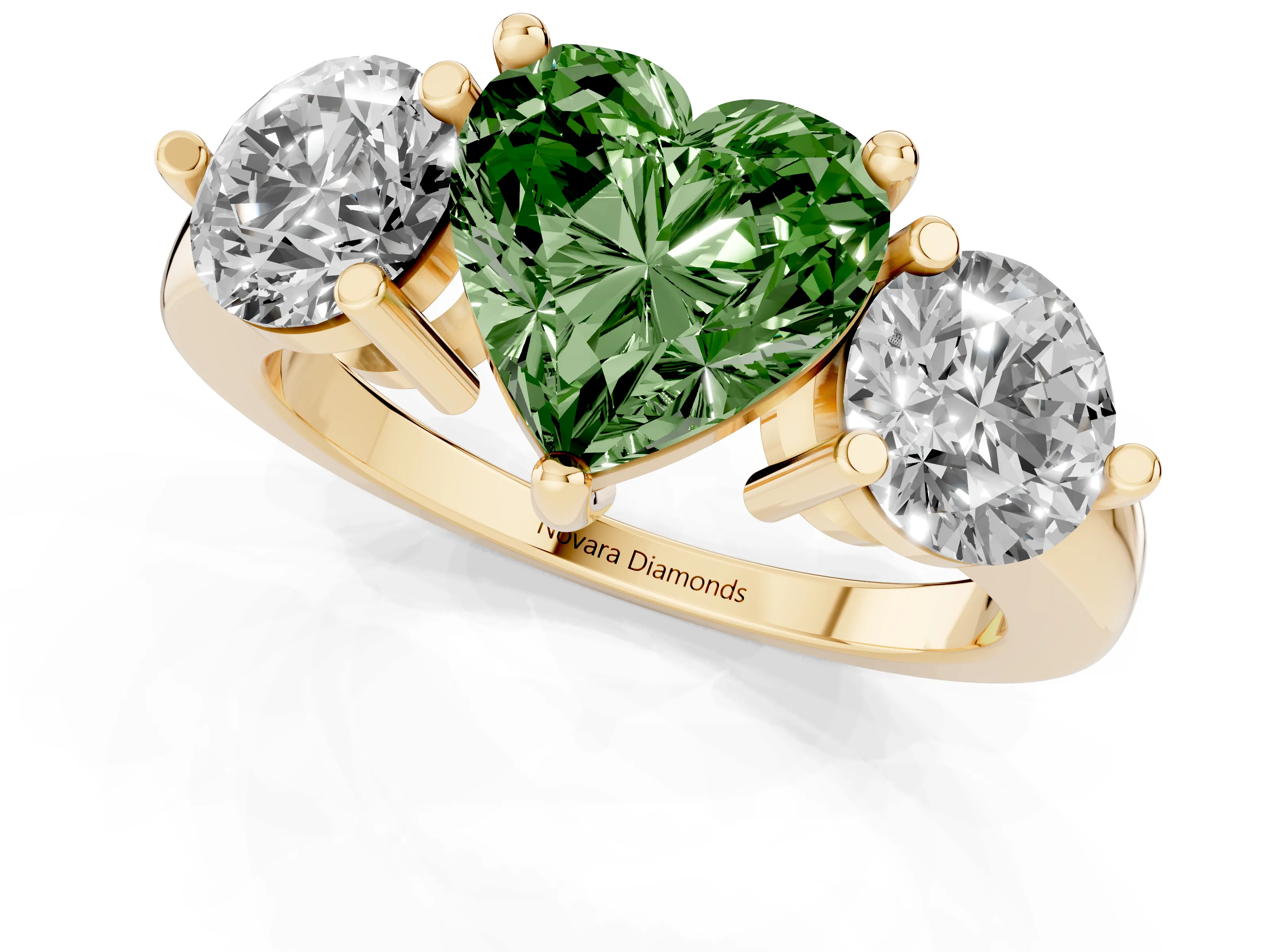 Fancy Green Heart Cut Diamond Three-Stone Ring Set in Yellow gold with Prong Setting and Classic Band