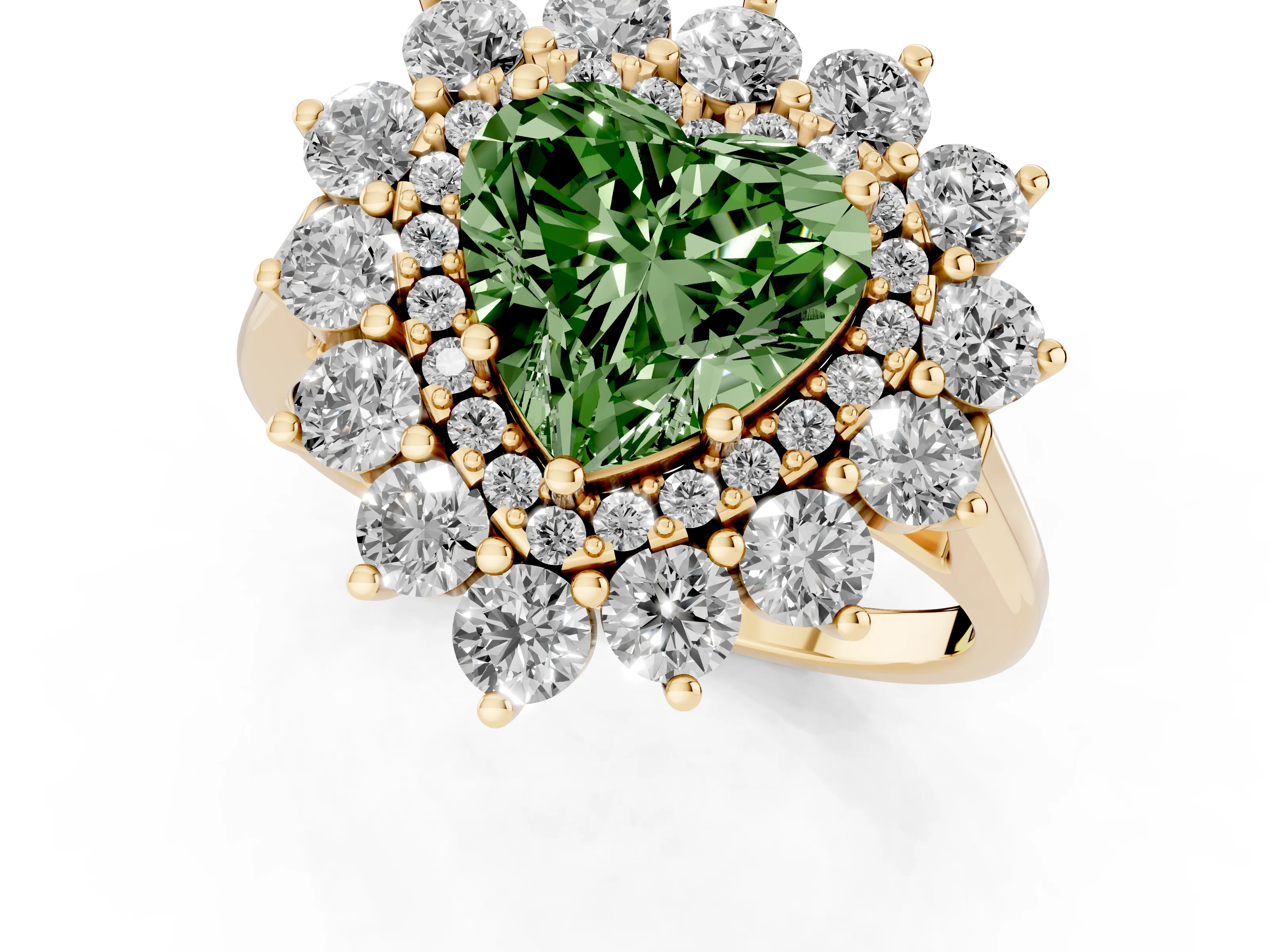 Fancy Green Heart Cut Diamond Floral Double Halo Ring Set in Yellow gold with Round Petals